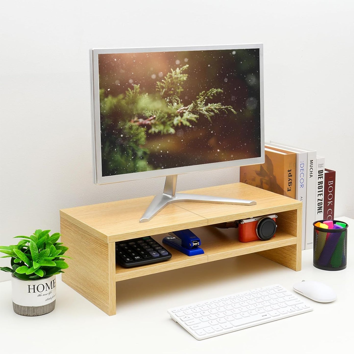 TEAMIX 2 Tiers Desktop Monitor Stand Riser 20 Inch Printer Stand with Storage Small TV Riser Laptop Wooden Desk Organizer Shelf Bookshelf Maple (Natural Maple, 2 tiers)