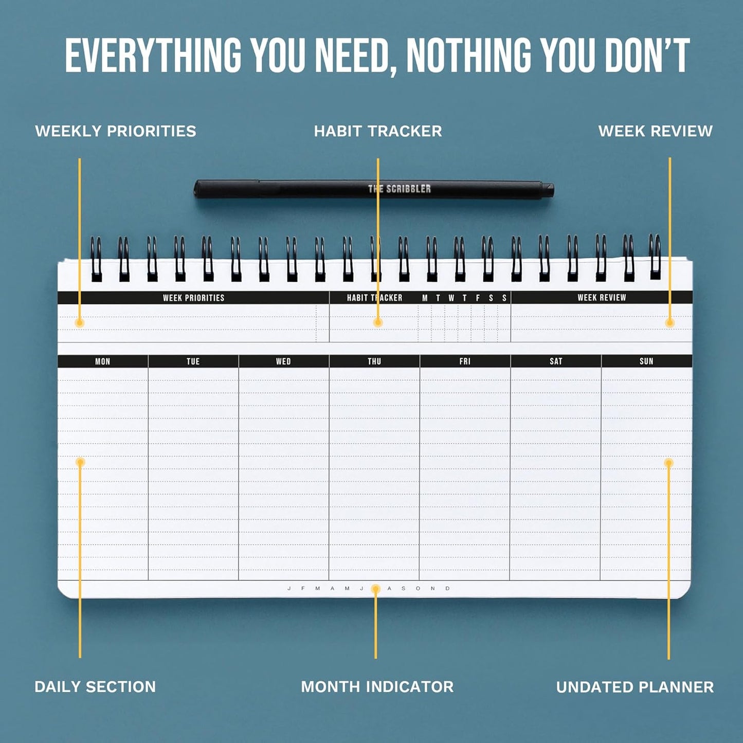 Undated Weekly Planner 2025 | Daily Agenda To Do List Notepad Day Planner Notebook | Monthly School Task, Work Schedule Planners | Yearly Horizontal Calendar Spiral Desk Organizer | Habit Tracker