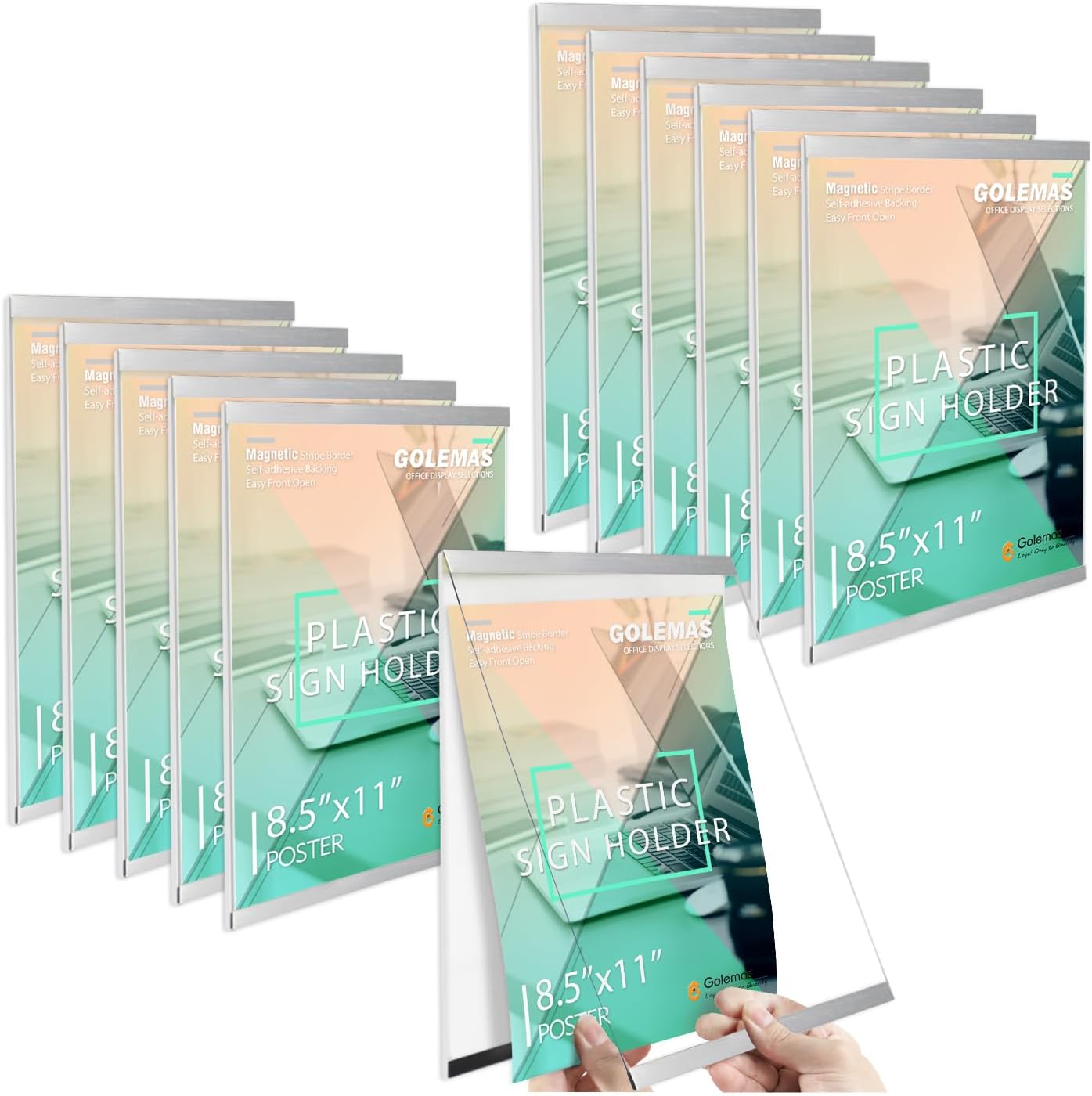 Acrylic Magnetic Sign Holder, Easy-Opening 8.5 x 11 Wall Mount Display Frames, Self Adhesive Back Plastic Clear Document Holder, Silver Aluminium Strips Frame (8.5 x 11, 12Pack)