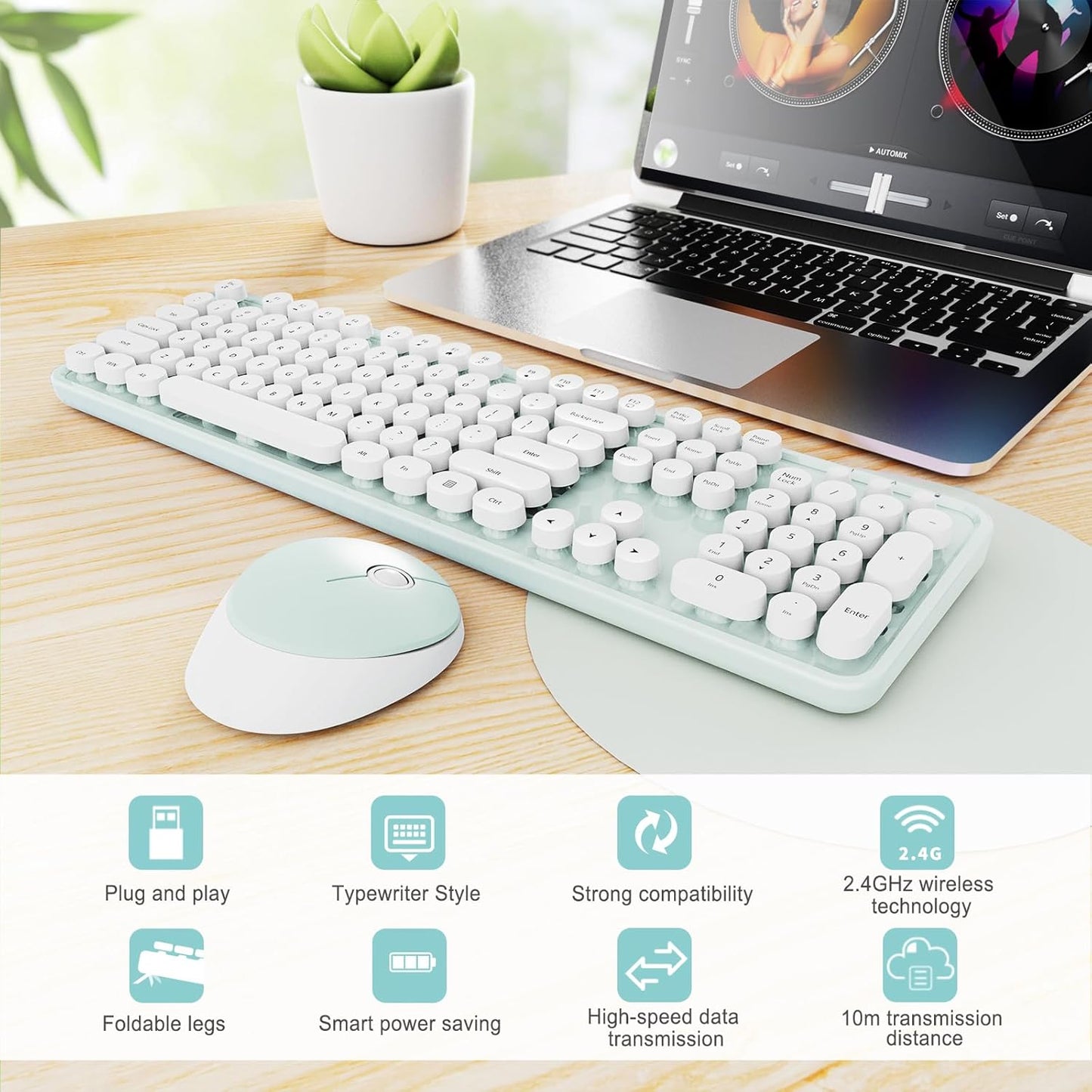 Wireless Keyboard and Mouse Combo, Ergonomic Full Size Typewriter Retro Round Keycaps Keyboard, Compatible with Windows, PC, Perfer for Home and Office Keyboards（Green）