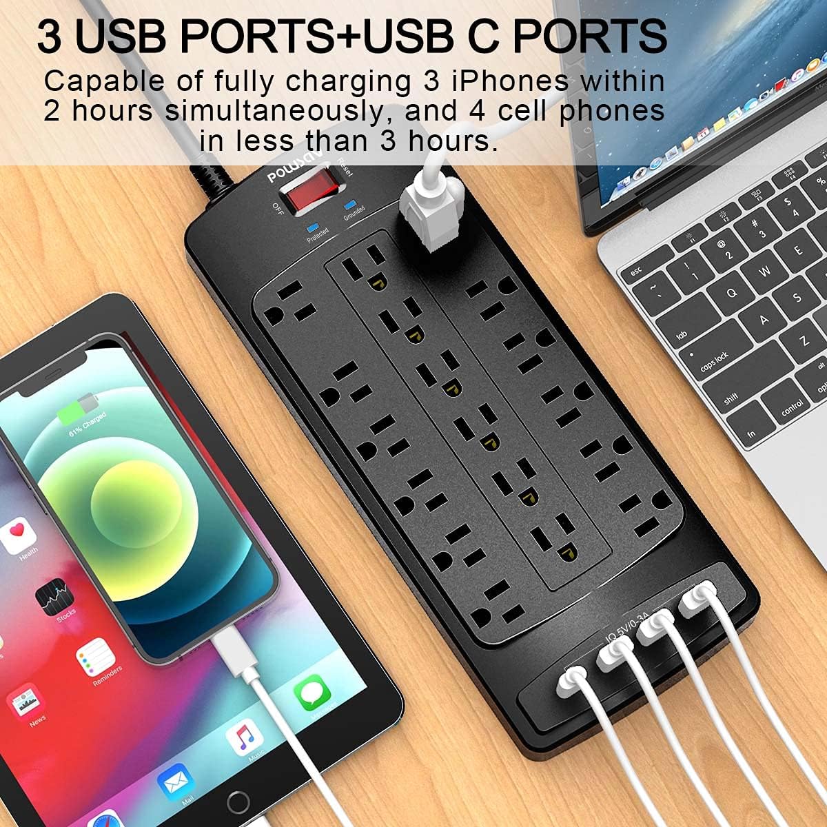 18 Outlets Surge Protector Power Strip - 10 Feet Flat Plug Heavy Duty Extension Cord with 18 Widely Outlets and 4 USB Ports, 2100 Joules, Black, ETL Listed