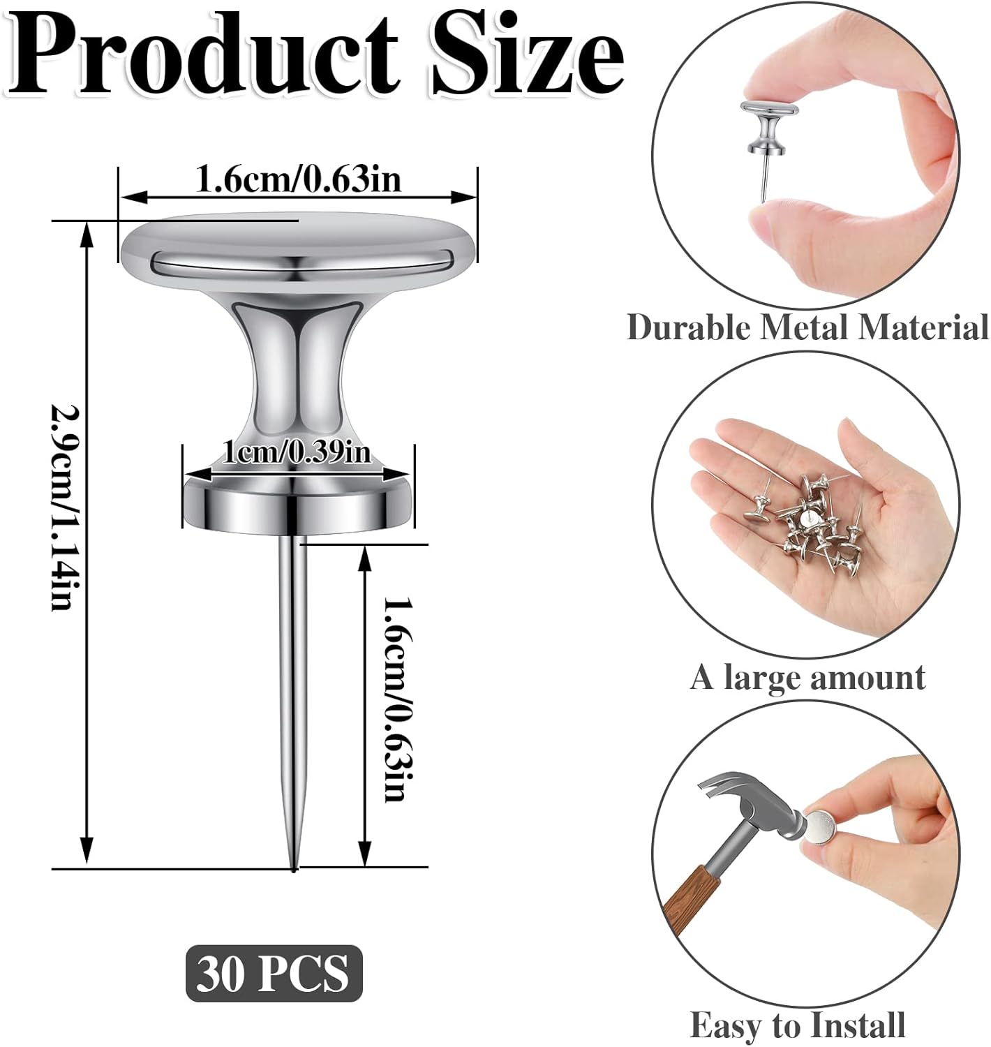 30 Count Jumbo Metal Push Pins 1.14 Inch, Giant Thumb Tacks for Wall hangings 20 Lbs Poster pins for Cork Board Bulletin Maps Office Home Classroom Decorative