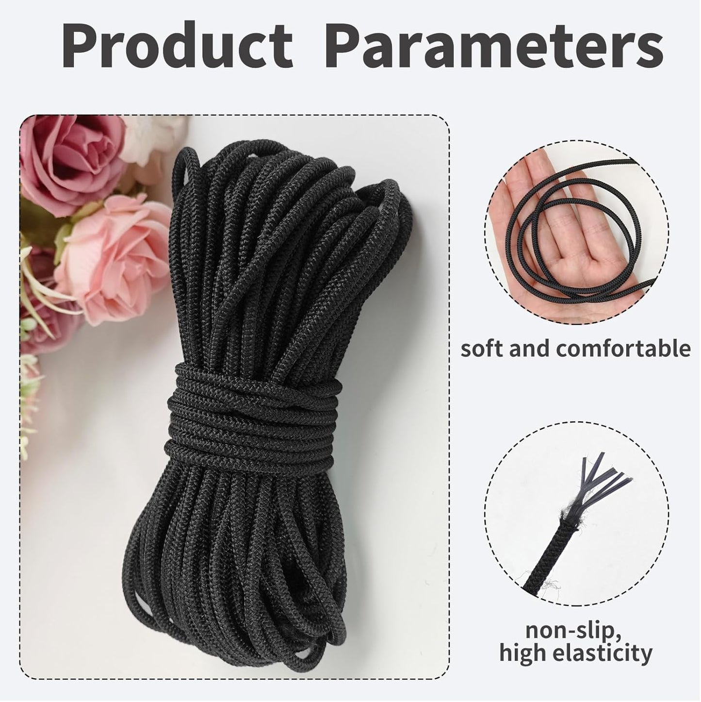 3mm Black Elastic Cord 45ft - 1/8 inch Strong No-Slip Bungee String for Crafts, DIY Projects, Kayak Tie Downs, Camping Gear, Sports Gear, DIY Crafts, Hair Bands, Sewing & Shoe Laces