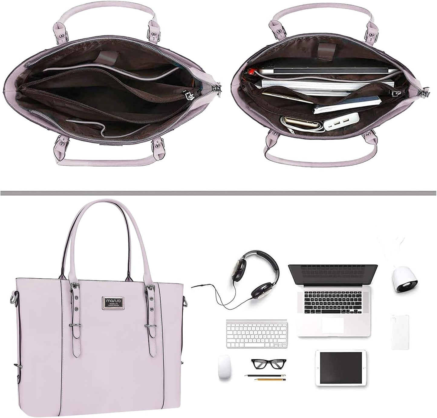 MOSISO PU Leather Laptop Tote Bag for Women, Waterproof Large Capacity Business Work Briefcase Shoulder Laptop Bag