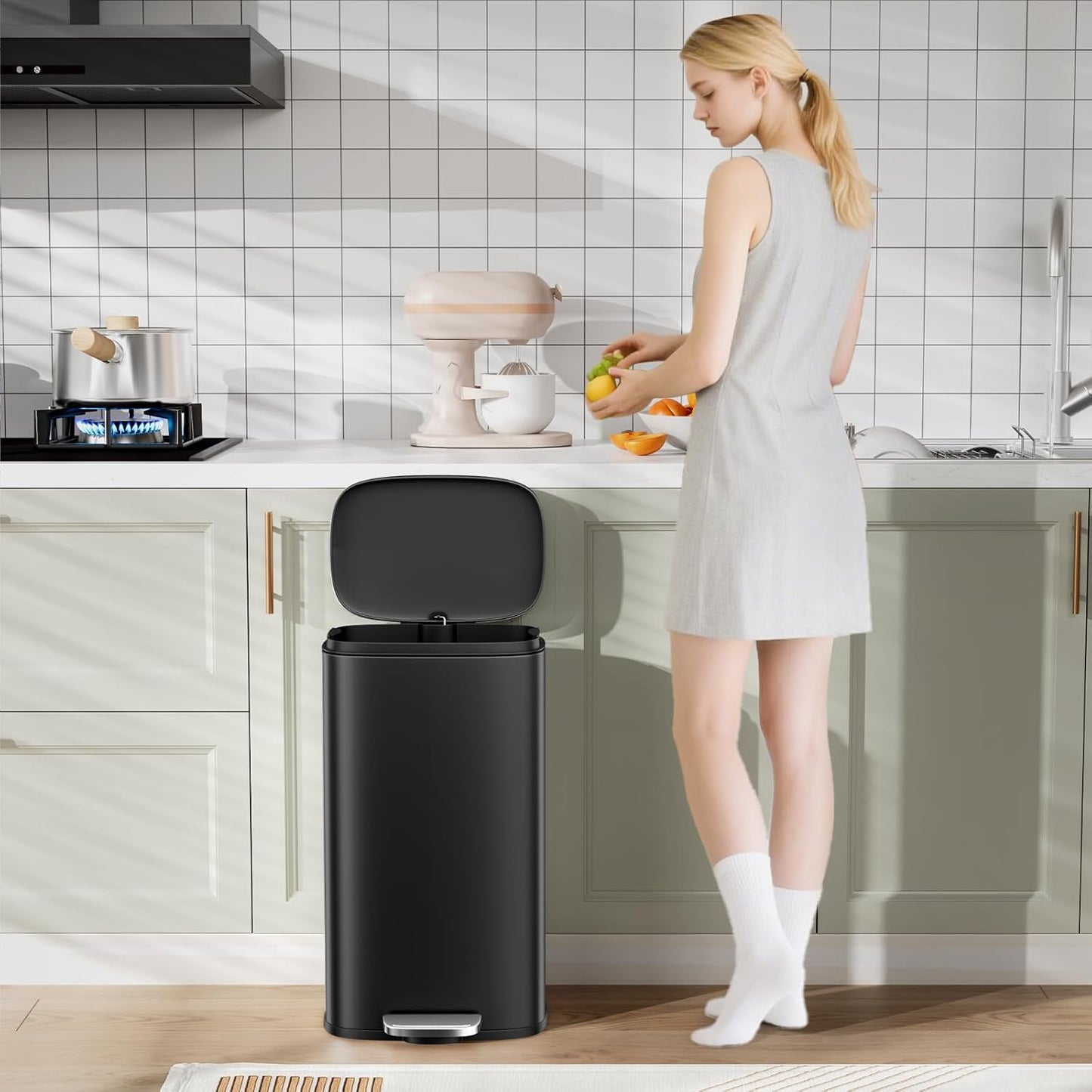 Arlopu 13.2+1.3 Gallon Step Trash Can, Stainless Steel Garbage Bin, Soft-Close Rubbish Bin with Removable Plastic Inner Bucket, Fingerprint-Proof, Lid Dustbin, for Kitchen Home (Black)