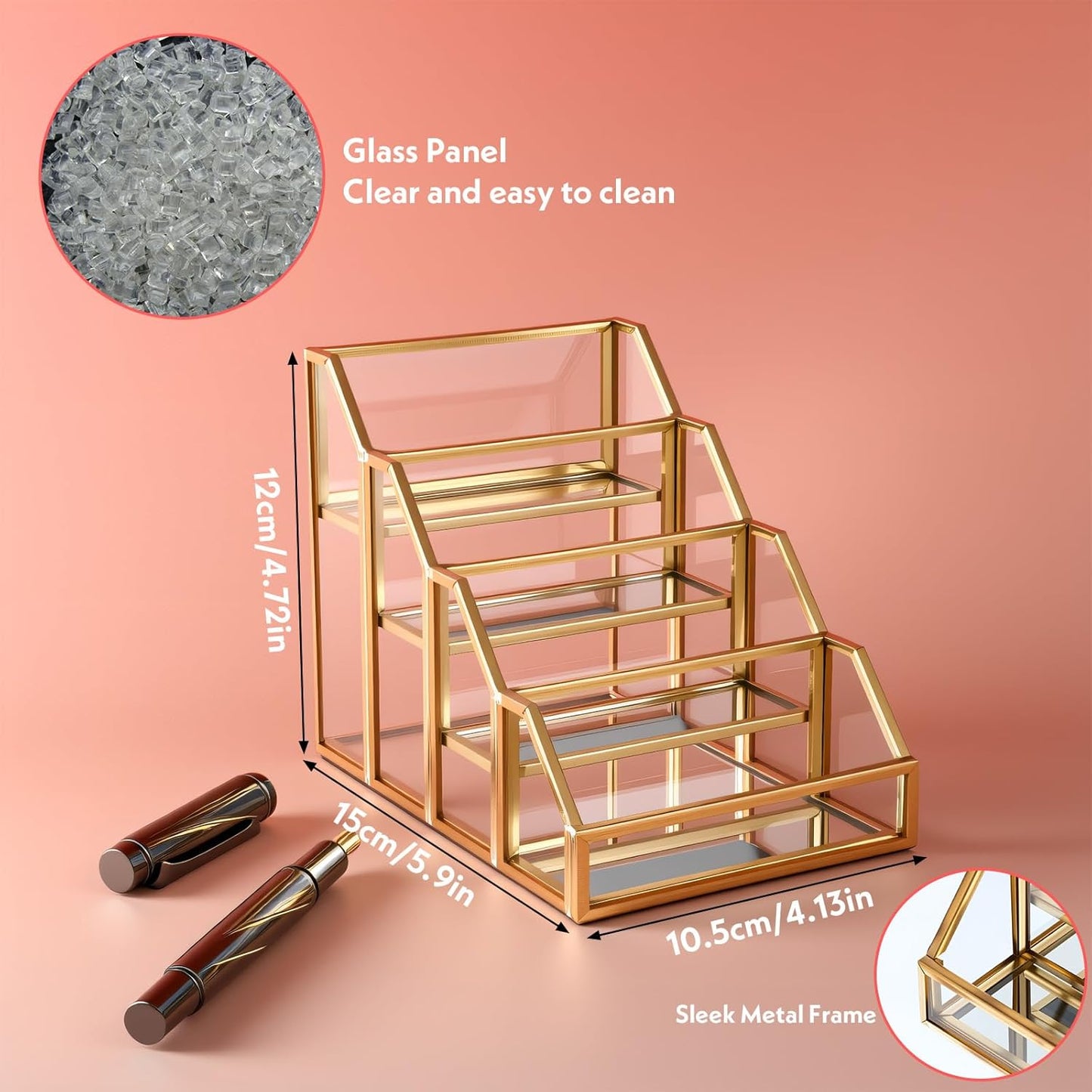 4 Slots Glass Business Card Stands for Display, Desktop Business Card Holder with Gold Metal Frame, Clear Name Cards Organizer for Office, Exhibition, and Meetings (4.13" L x 5.9" W x 4.72" H)