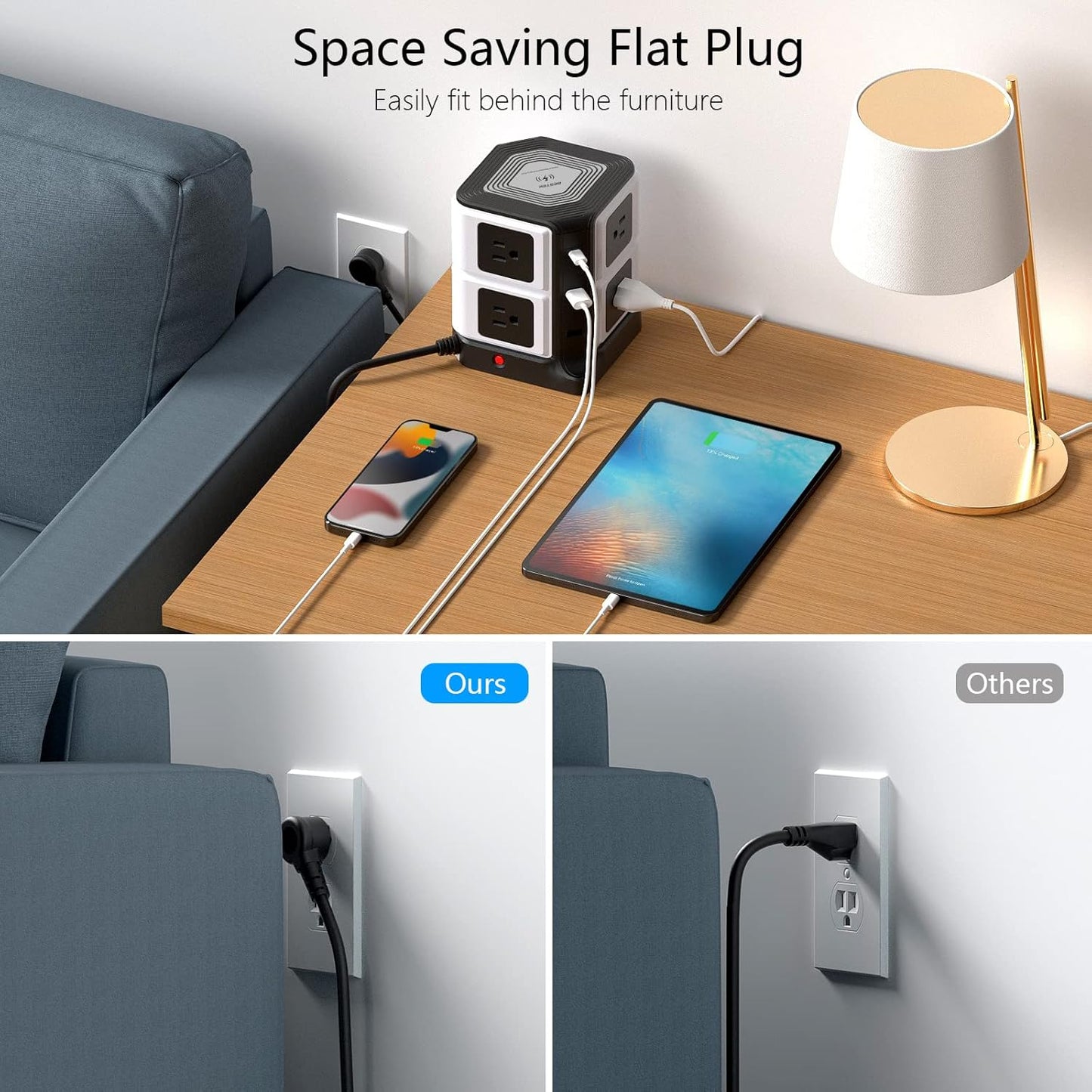 USB Power Strip with Wireless Charger BESTEK 8-Outlet Surge Protector and 40W 6-Port USB Charging Dock Station,1500 Joules,ETL Listed,Dorm Room Accessories (8AC+6USB+Wireless Charger-Black)