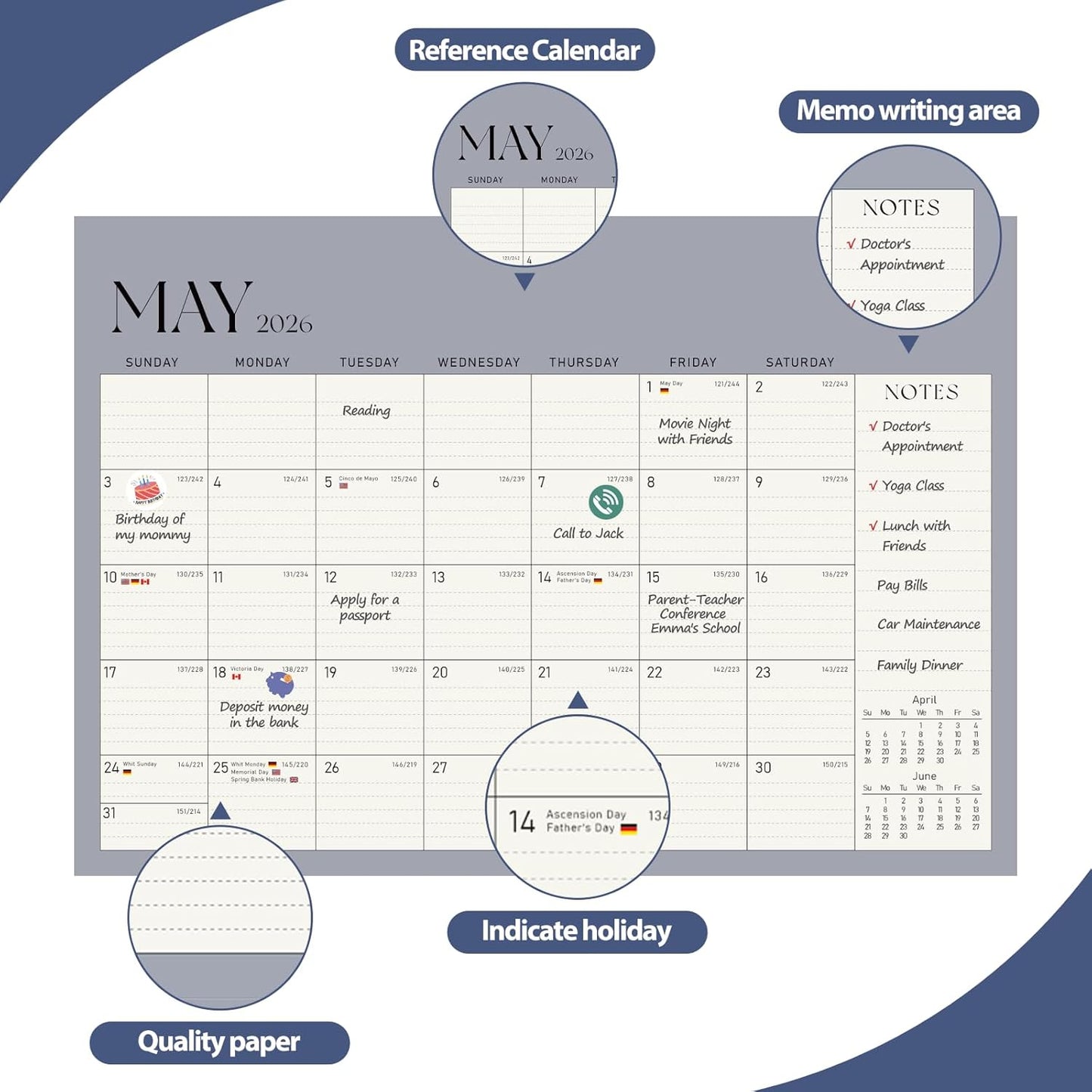 Desk Calendar 2025-2026, Monthly Desktop Large Calendar (July 2025 - December 2026) 17" x 12" Desk Wall Planner for Family Office Teacher School, Blue