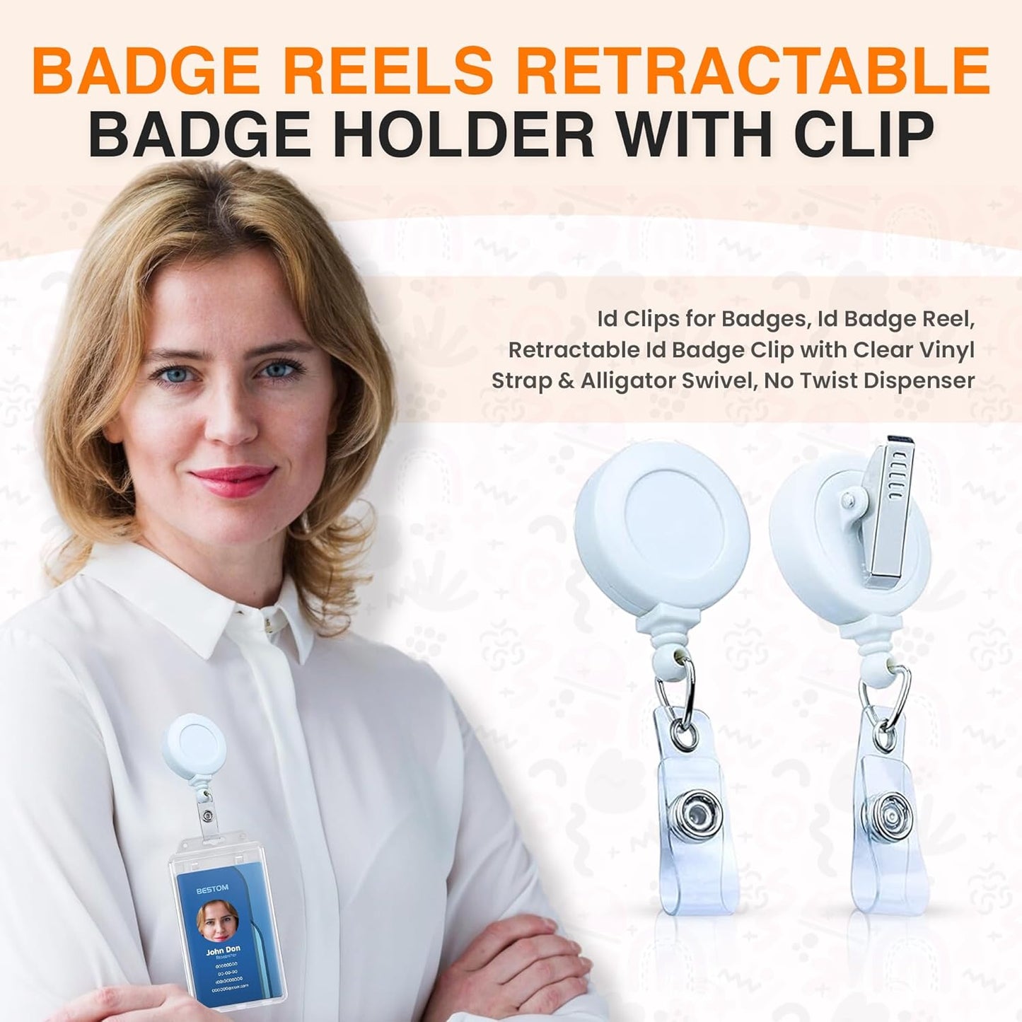 25 Pack Retractable Badge Reels with Clip, Retractable Id Badge Clip with Clear Vinyl Strap & Alligator Swivel, No Twist Dispenser (White)