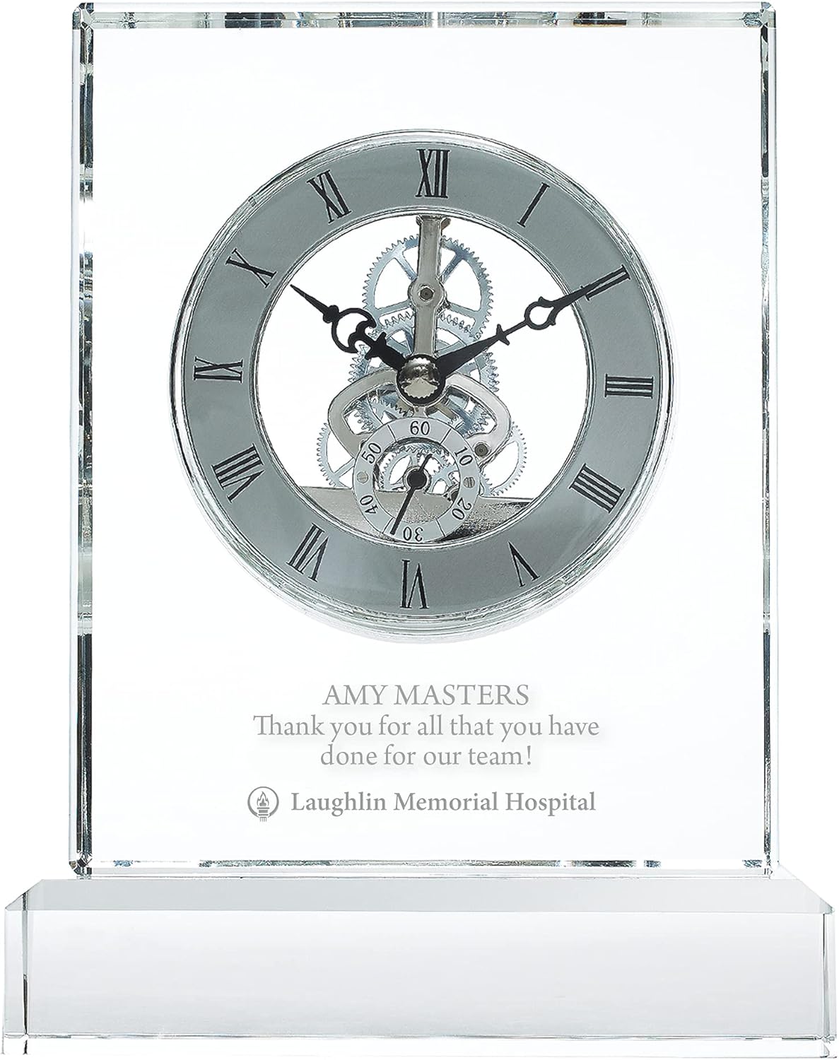 Baudville Engraved Clock Trophy - Executive Crystal - Rectangular Shaped on a Rectangular Base - Silver Inset Time Piece (Rectangle Silver Custom Logo)