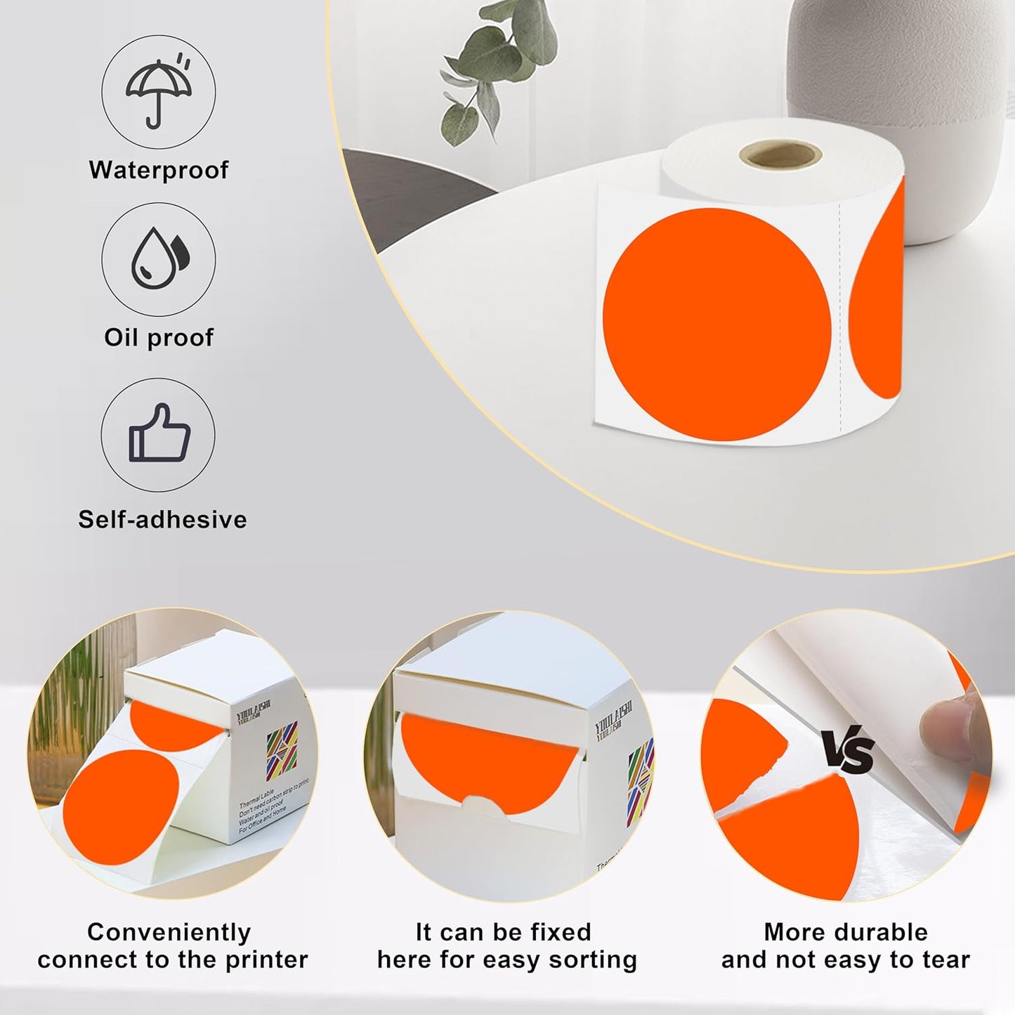 3 X 3 Inch Color Coding Dot Labels Circle Thermal Printable Waterproof 2000 Pcs Round Stickers Adhesive Writable for Office, Home, Garage, DIY Sticker, Barcodes, Name Tag, Fluorescent Orange