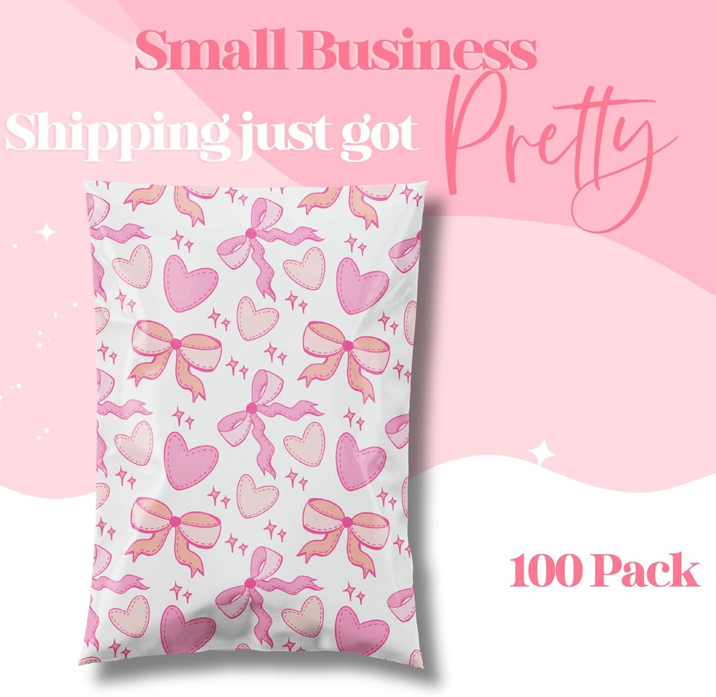 14.5x19 Designer Poly Mailer 100 Pack Heavy Duty Waterproof Self Seal Shipping Bags for Small Business Large Mailing Envelopes Bulk Tear Resistant Packaging Coquette Bows Hearts