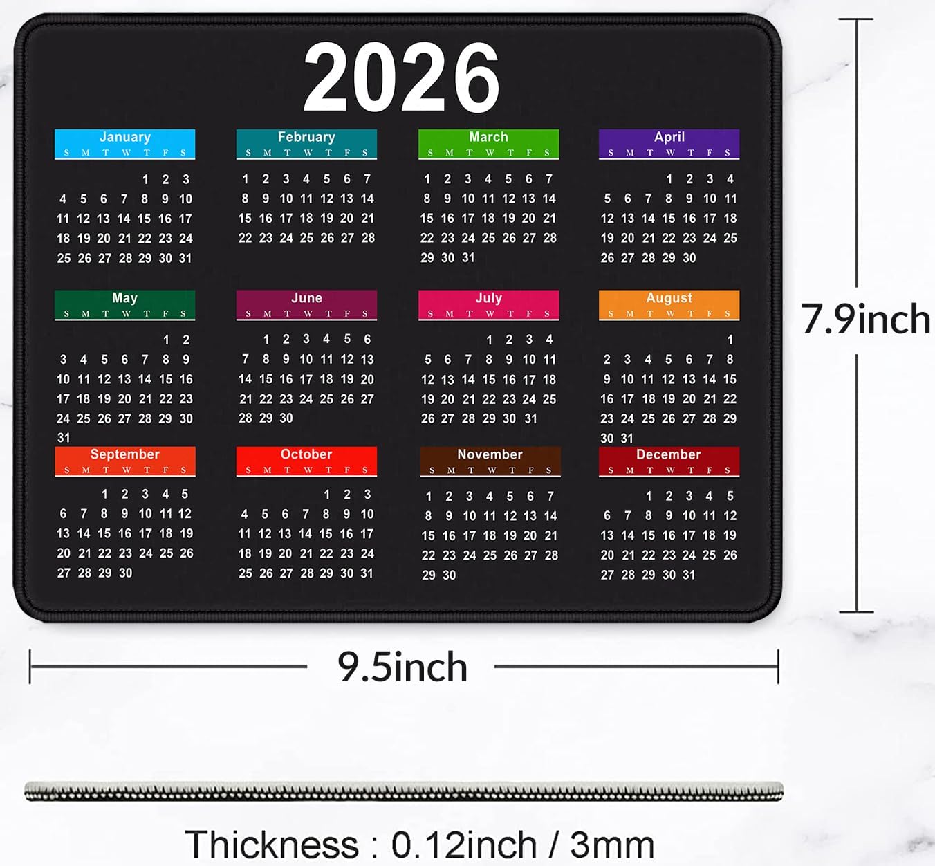 2026 Calendar Mouse pad, Gaming Stitched Edge Computer Accessory Mouse Pad, Rectangular Anti Slip Chloroprene Rubber Mouse Pad for Office and Home Use (Black Calendar Mouse Pad A-1)