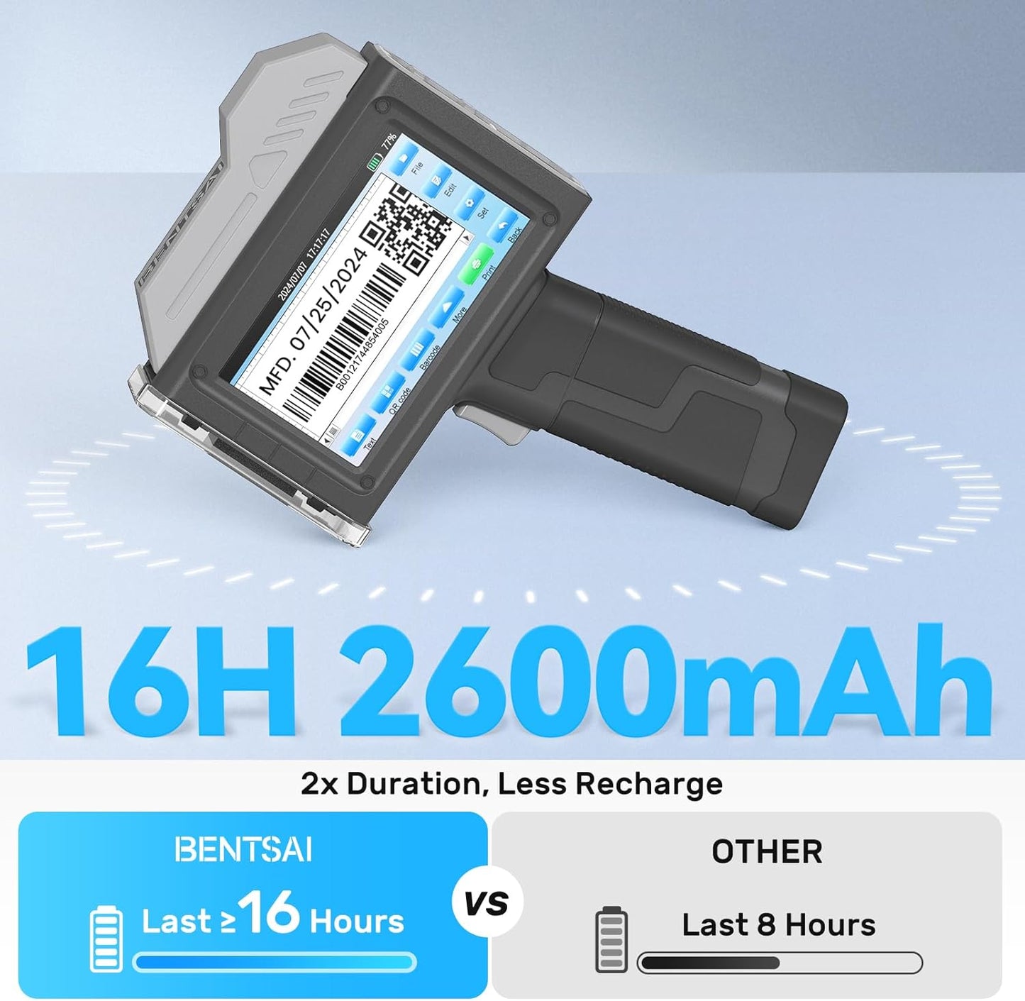BENTSAI Handheld Inkjet Printer BT-HH6210BL 1 Inch Printhead Date Coder with 42ml Fast Dry Ink for Batch Number Expiry Date QR Code Barcode Logo on Any Surfaces to Use on Conveyor Line for Auto Print