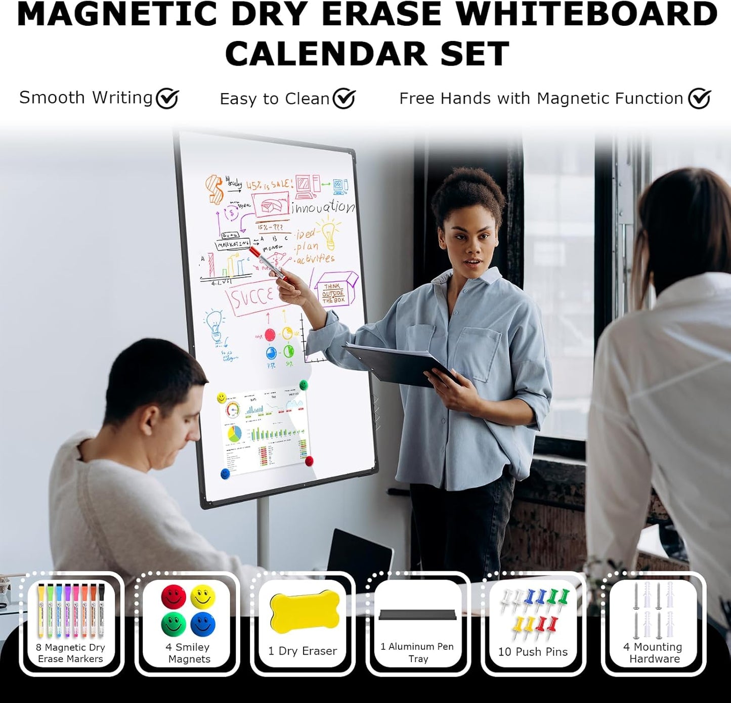 EAONE 36x24 in Double Side Whiteboard Calendar & Cork Board Combo for Wall, 3 in 1 Magnetic Dry Erase Whiteboard Monthly Calendar and Bulletin Board with Aluminum Frame for Home Office Kitchen