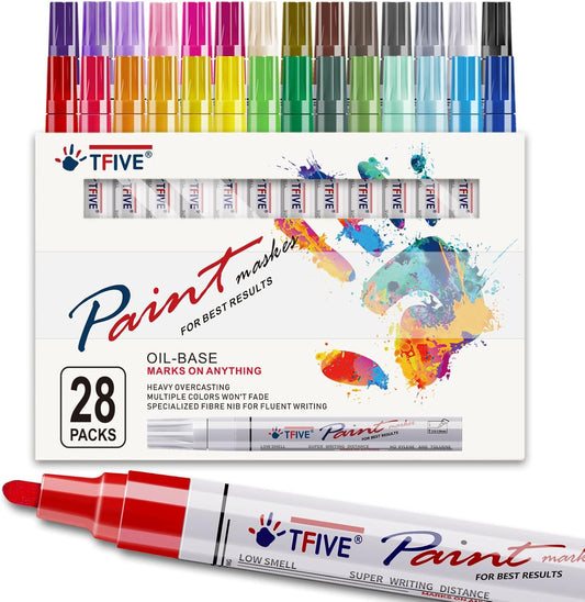 TFIVE Paint Markers Pens Set, 28 Color Oil-Based Permanent Paint Marker, Medium Tip, Quick Dry and Waterproof Pen for Rock Painting, Ceramic, Wood, Fabric, Plastic, Canvas, Glass, Mugs
