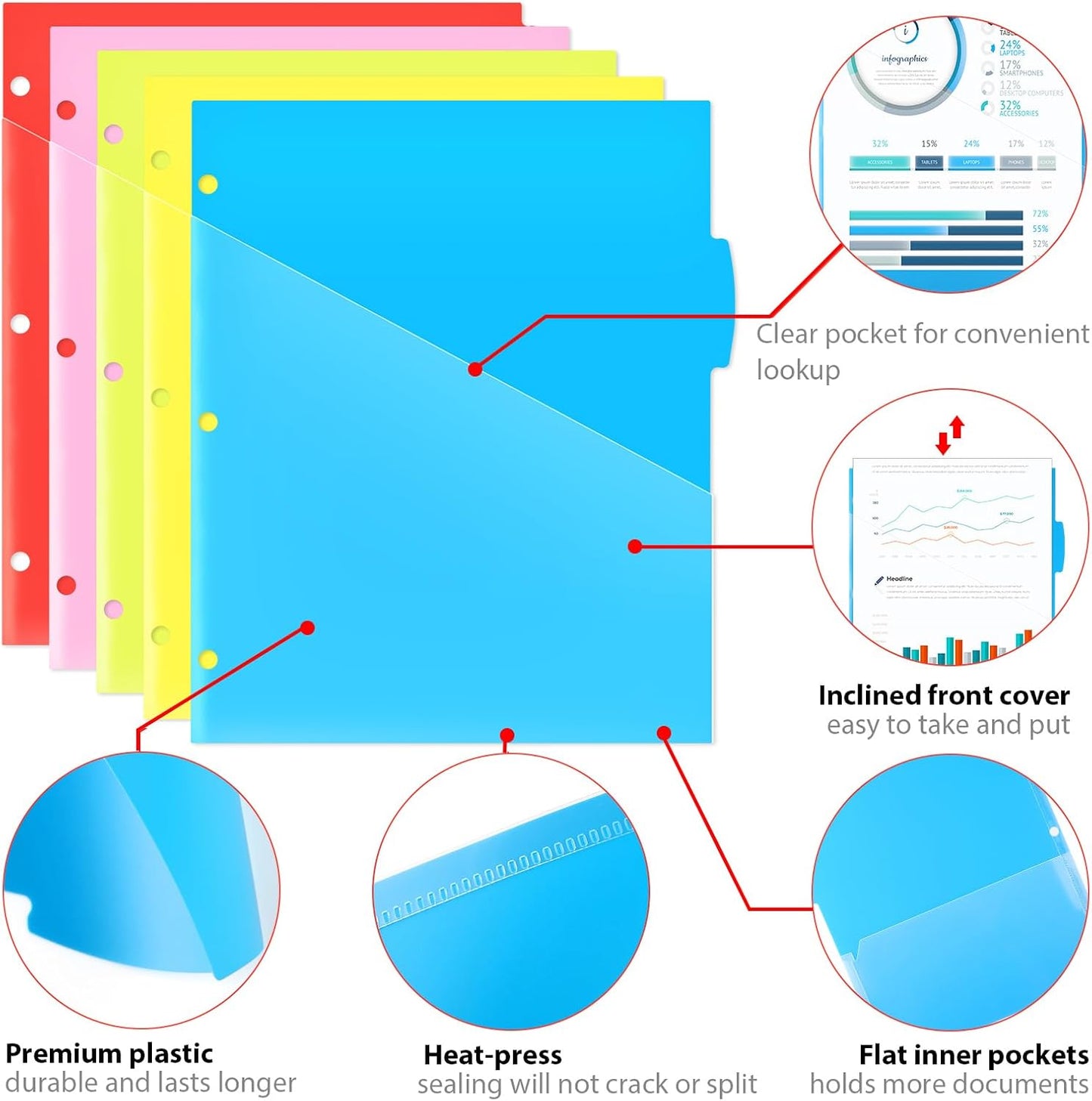 5 Tabs Plastic Dividers with 2 Clear Pockets - 6 Sets, Pocket Dividers for 3-Ring Binders, Multi-Color Binder Dividers, Total 30 Tabs