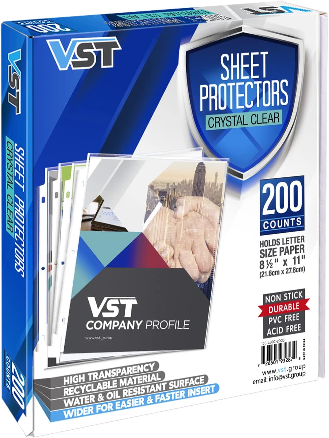 VST Sheet Protectors 8.5 x 11 Inch for 3 Ring Binder, Crystal Clear Page Protectors, Medium Weight Plastic Sleeves, Top Loading Paper Protector Acid Free, Letter Size, Dry Erase Pocket, 200 Sheets
