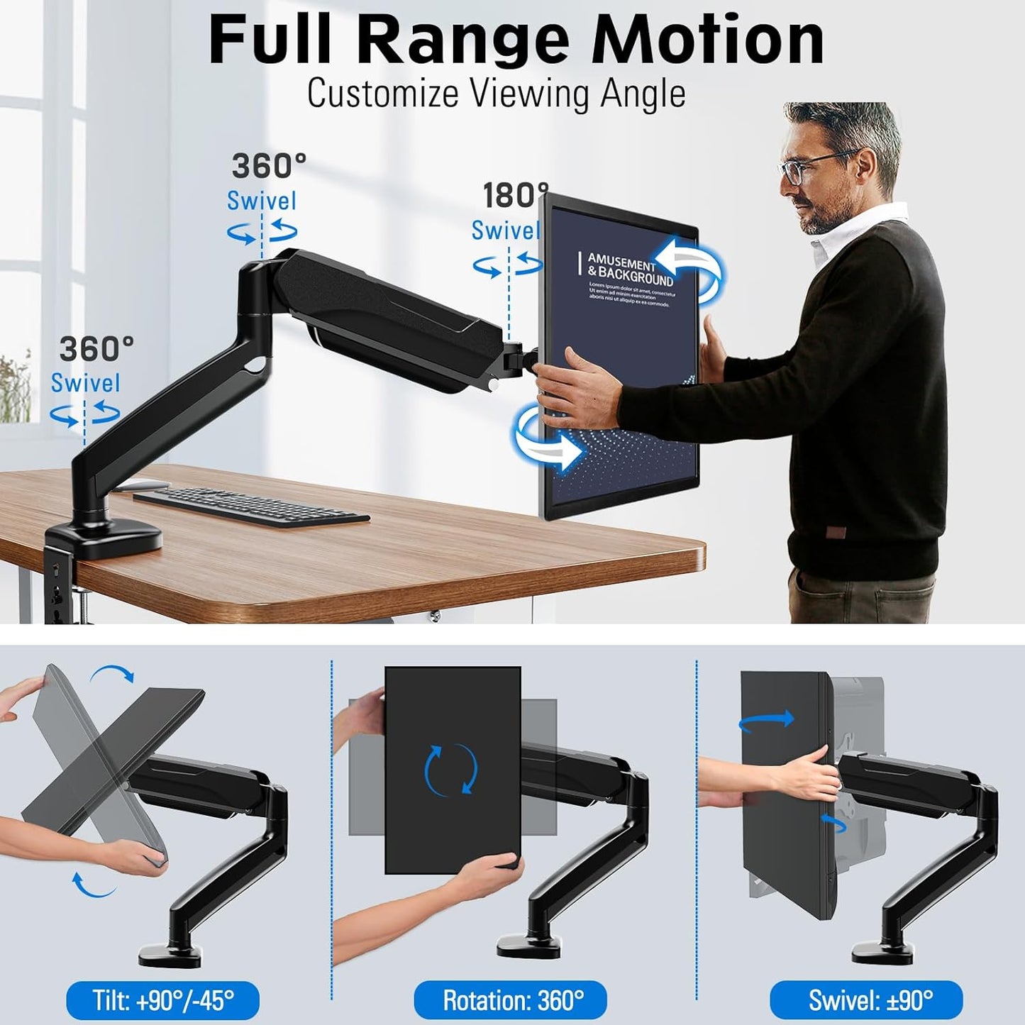 MOUNTUP Monitor Arm Desk Mount, Fully Adjustable, Computer Monitor Stand for 17-30 Inch, 4.4-17.6lbs Screen, VESA Mount with C Clamp & Grommet Base, Black
