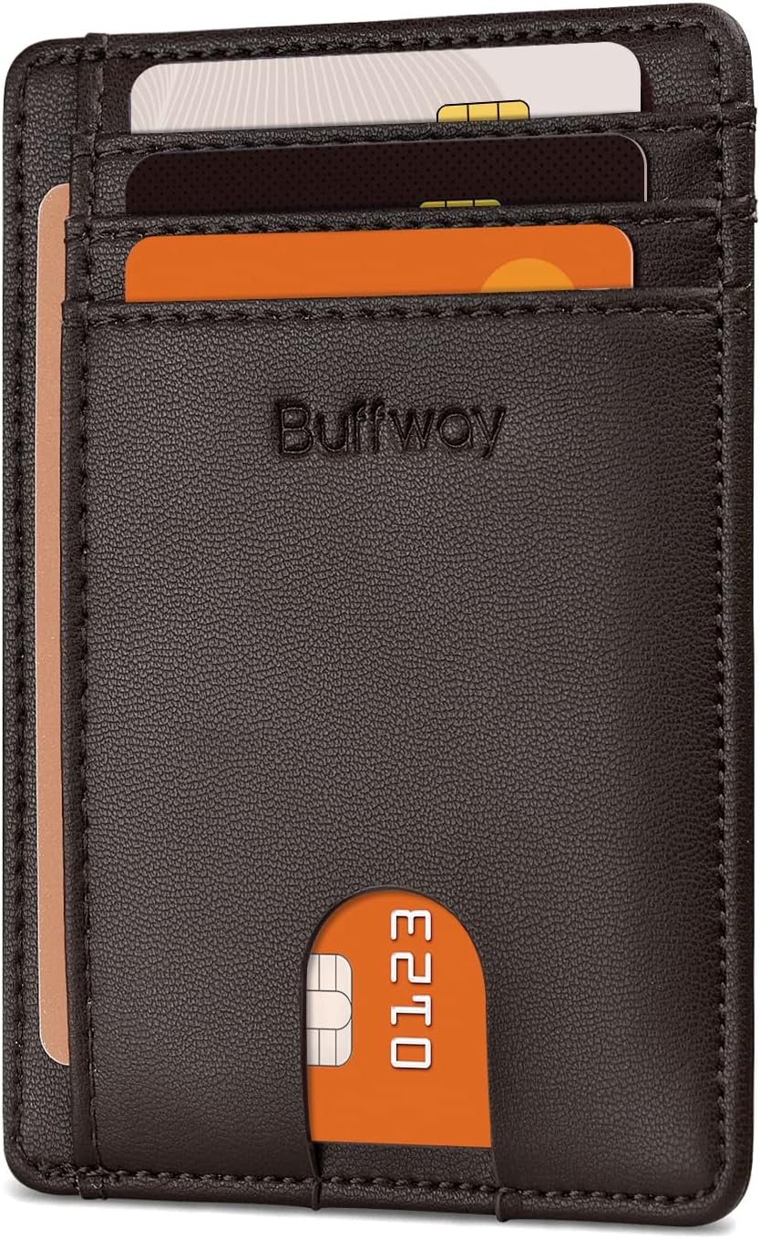 Buffway Slim Minimalist Front Pocket RFID Blocking Leather Wallets for Men and Women - Sand Chocolate