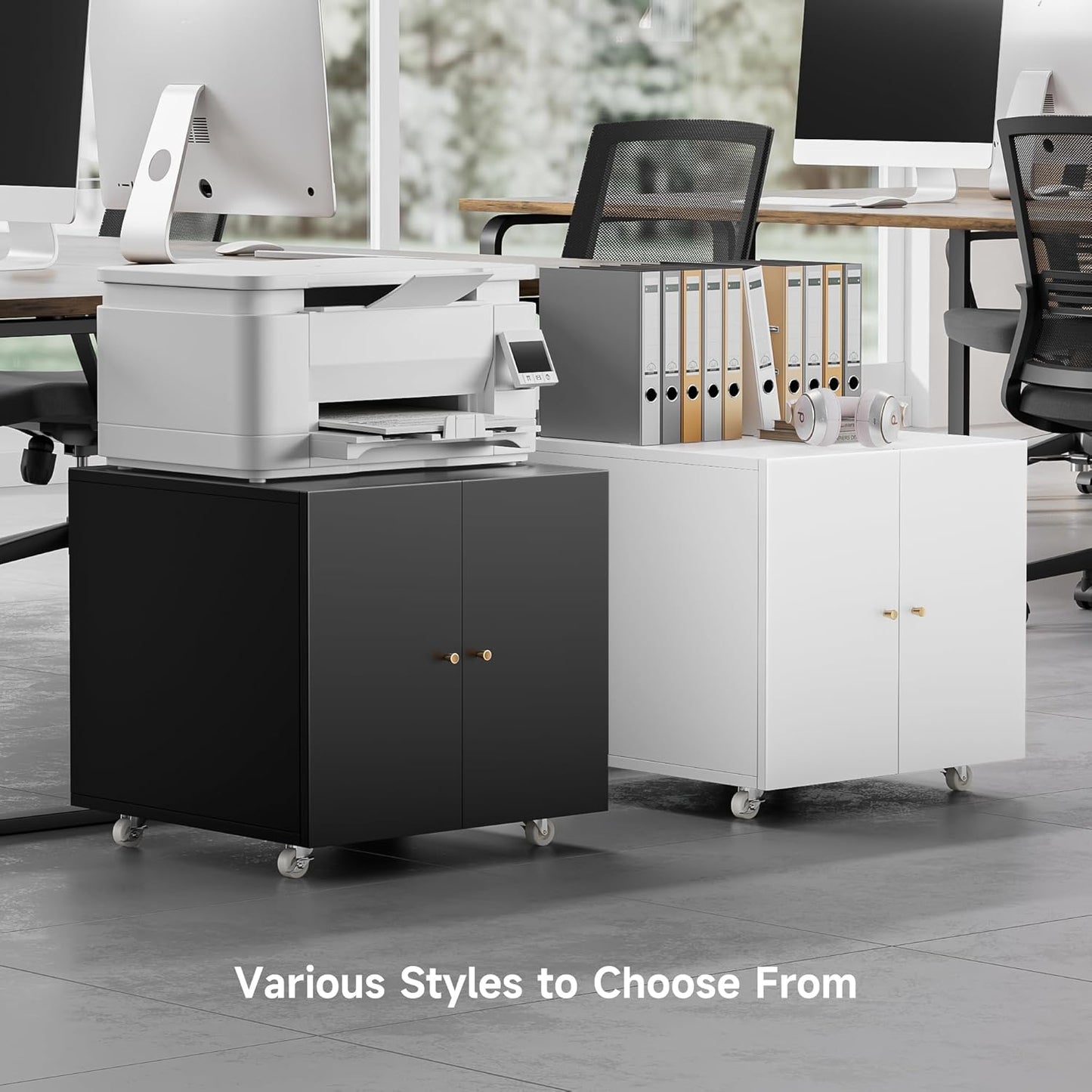 Warmiehomy Metal Printer Stand, 24x24x24'' Printer Cabinet with Storage, Mobile Printer Table with Wheels, Desk for Small Spaces with Door, Adjustable Metal File Cabinet for Home Office (Black)