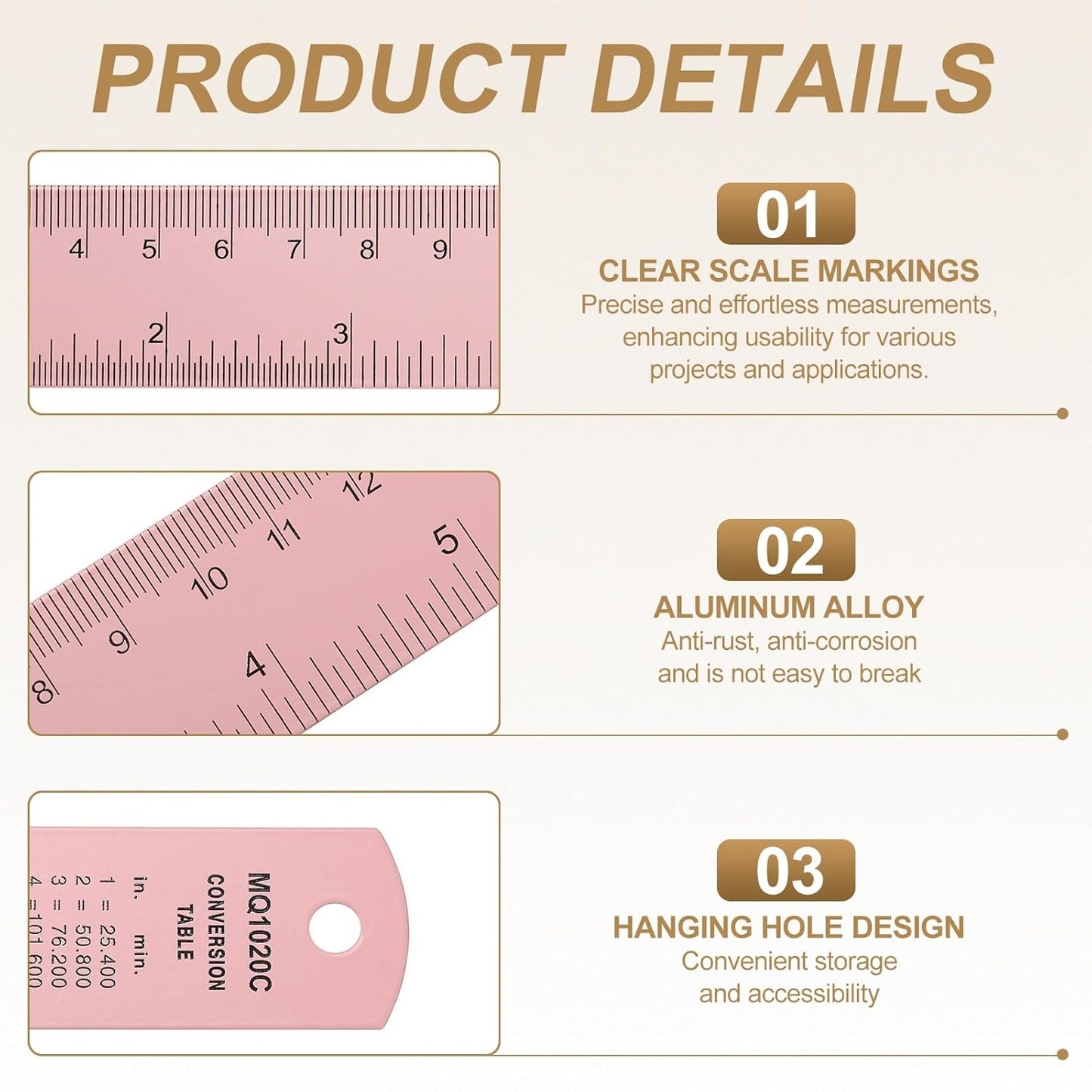 HARFINGTON 6pcs Metal Straight Ruler 15cm Metric SAE Aluminum Alloy Measuring Rulers Scale Tool with Hole for Measure Study Reading Classroom Office, Pink