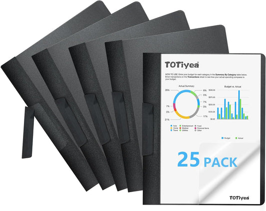 TOTiyea 25 Pack Clear Report Covers with Swing Clip, File Folder with Swing Clip, 30 Sheets Capacity, Slide Locking Report Covers, Letter Size (Black, 25 Pack)