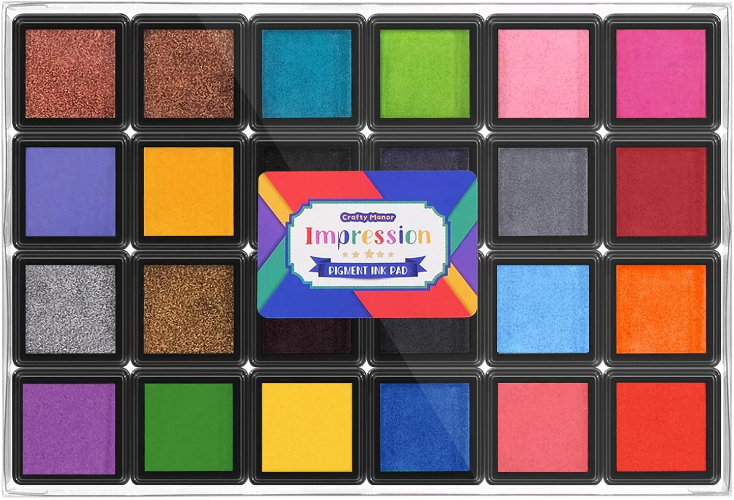 CraftyManor Mini 24 Color Pigment Ink Pads Set for Stamps, Fingerprint Ink Pad for Kids, Stamp Pad for Scrapbook Paper & Stamps for Classroom & Clothing Stamp & Letter Stamps, Archival