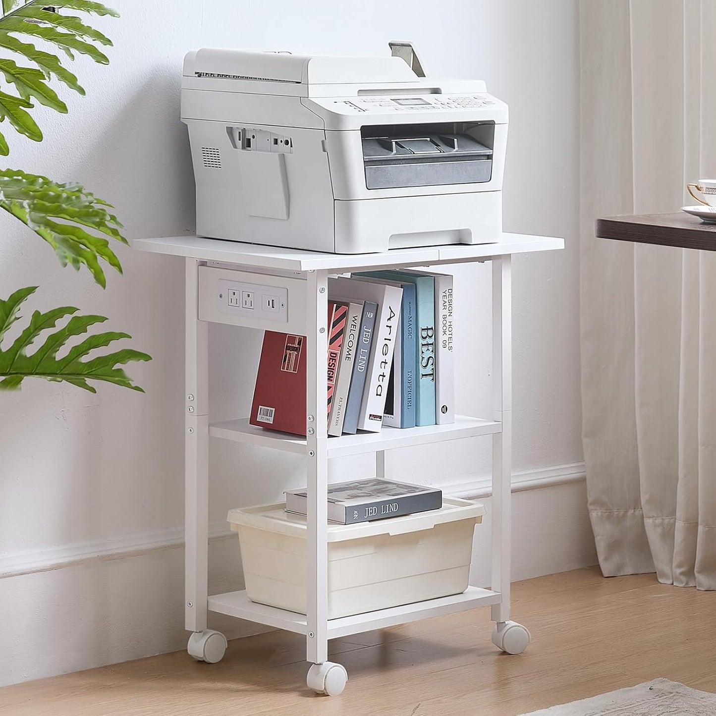 Lerliuo 3-Tier Printer Stand with Charging Station, Industrial Mobile Printer Table with Storage Shelf and Steel Frame, Rolling Printer Cart Holder with Lockable Wheels for Home, Office (White)