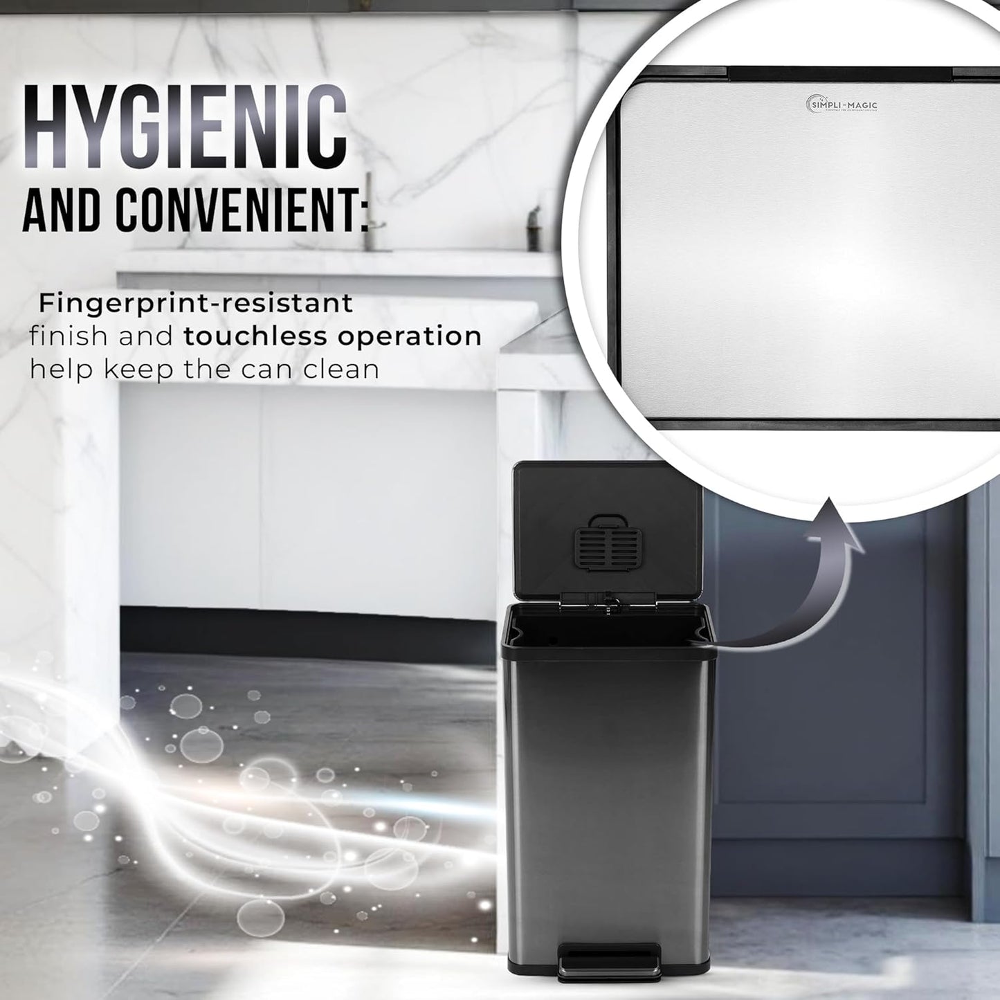 Simpli-Magic 13.2 Gallon (50L) Step Trash Can – Kitchen Garbage Can with Slow-Close Lid – Odor Control, Hands-Free, Easy to Clean, Brushed Stainless Steel