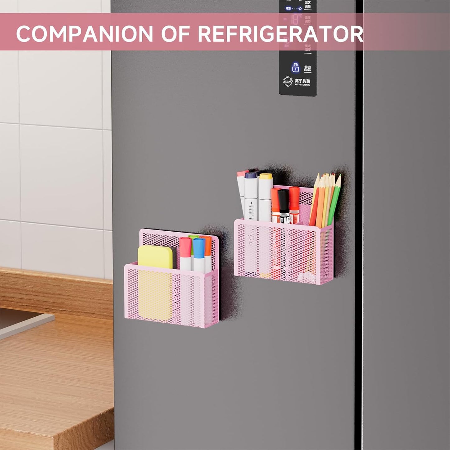 Magnetic Dry Erase Marker Holder, Mesh Pen Holder for Whiteboard，Magnet Pencil Organizer Storage for Refrigerator Locker Accessories Organizer for Home, School and Office(Pink)