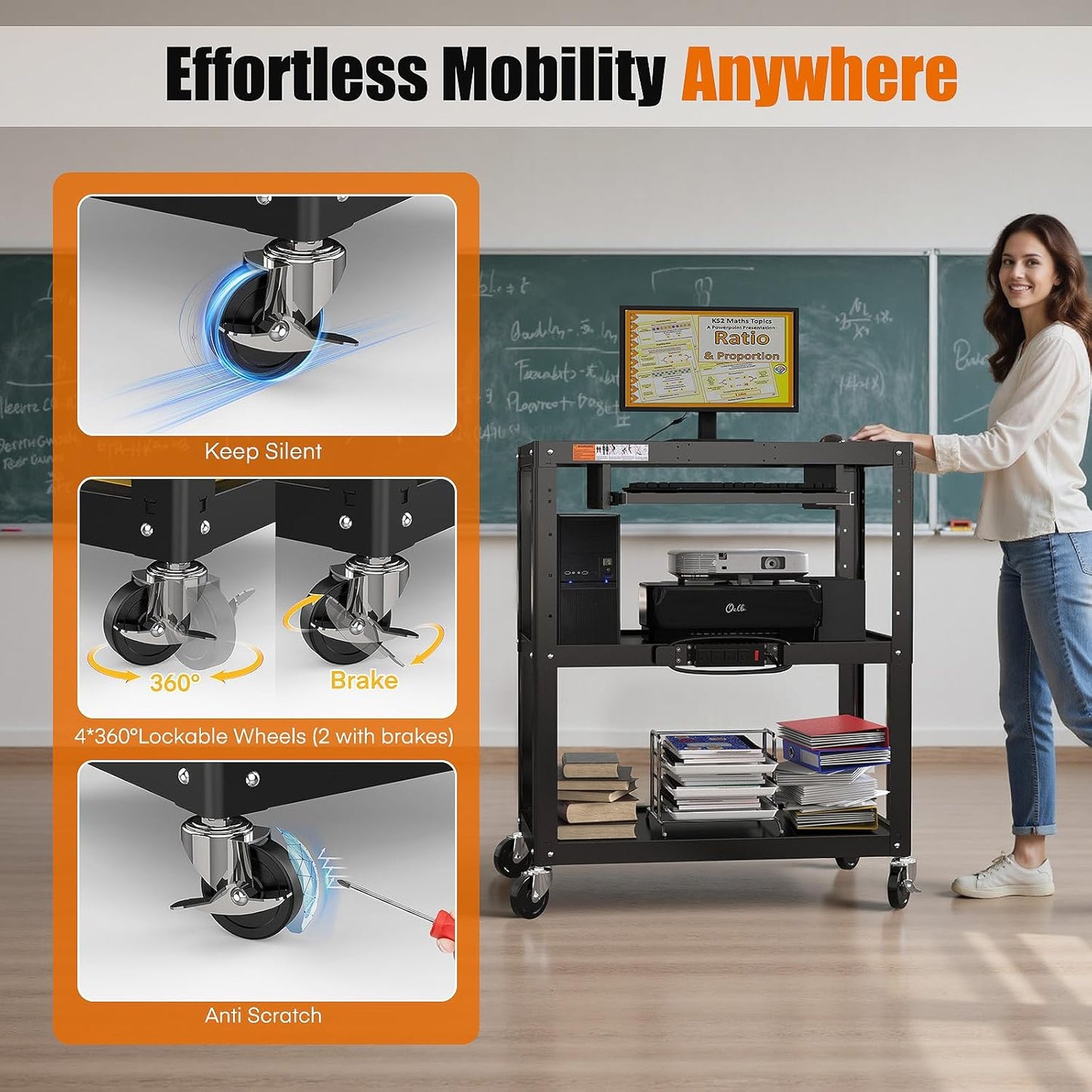 Extra-Large 3-Tier Utility Cart with Built-in Power Strip – Heavy-Duty 14-Gauge Steel Rolling Cart for Office, Workshop, or Classroom – 300 Lb Capacity (34" x 18" x 41.75")