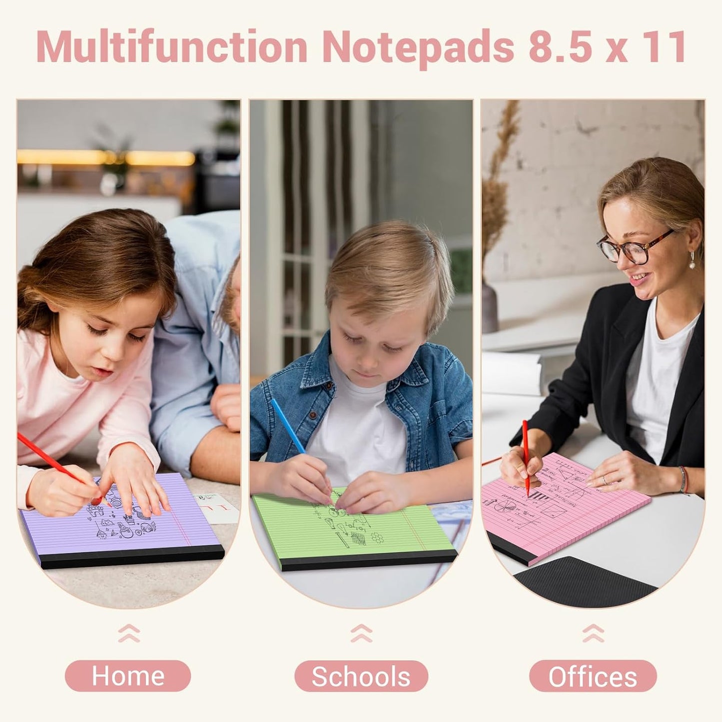 Legal Pads 8.5 x 11 Colored Notepad, 3 Pack Note Pads Wide Ruled Lined Paper, Micro Perforated Writing Pads, 30 Sheet/Note Pads, Notebook Paper Tablet for School, Pink Legal Pad 8.5 x 11