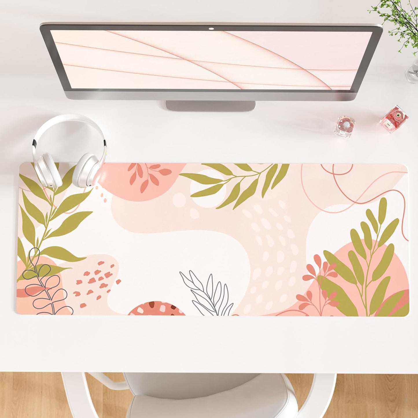 QIYI Large Mouse Pad, Cute Desk Mat for Desktop, Women Girls Minimalist Pink Office Desk Accessories, PU Leather Waterproof Gaming Mousepad, Tropical Leaves Desk Pad Computer Mat, 31.5" x 11.8"