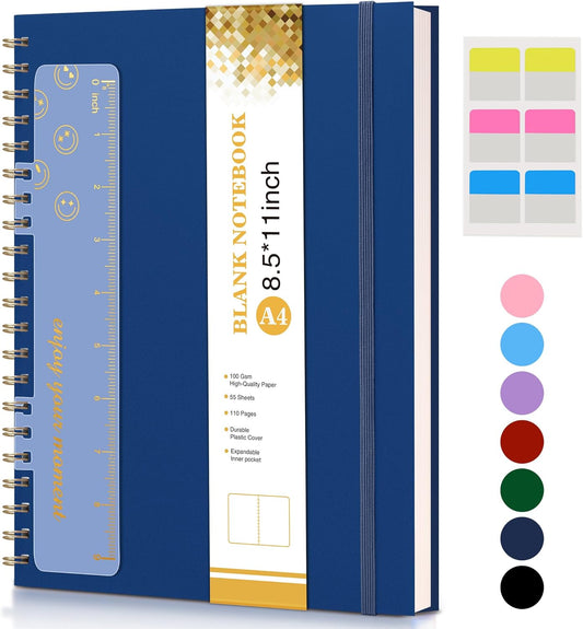 Blank Spiral Notebook Journal 8.5” x 11”, A4 Large Sketch Book for Women Men, 100 GSM Blank Paper Drawing Notebook, Plastic Hardcover Spiral Bound Sketchbook for Sketching Work School Writing, Navy