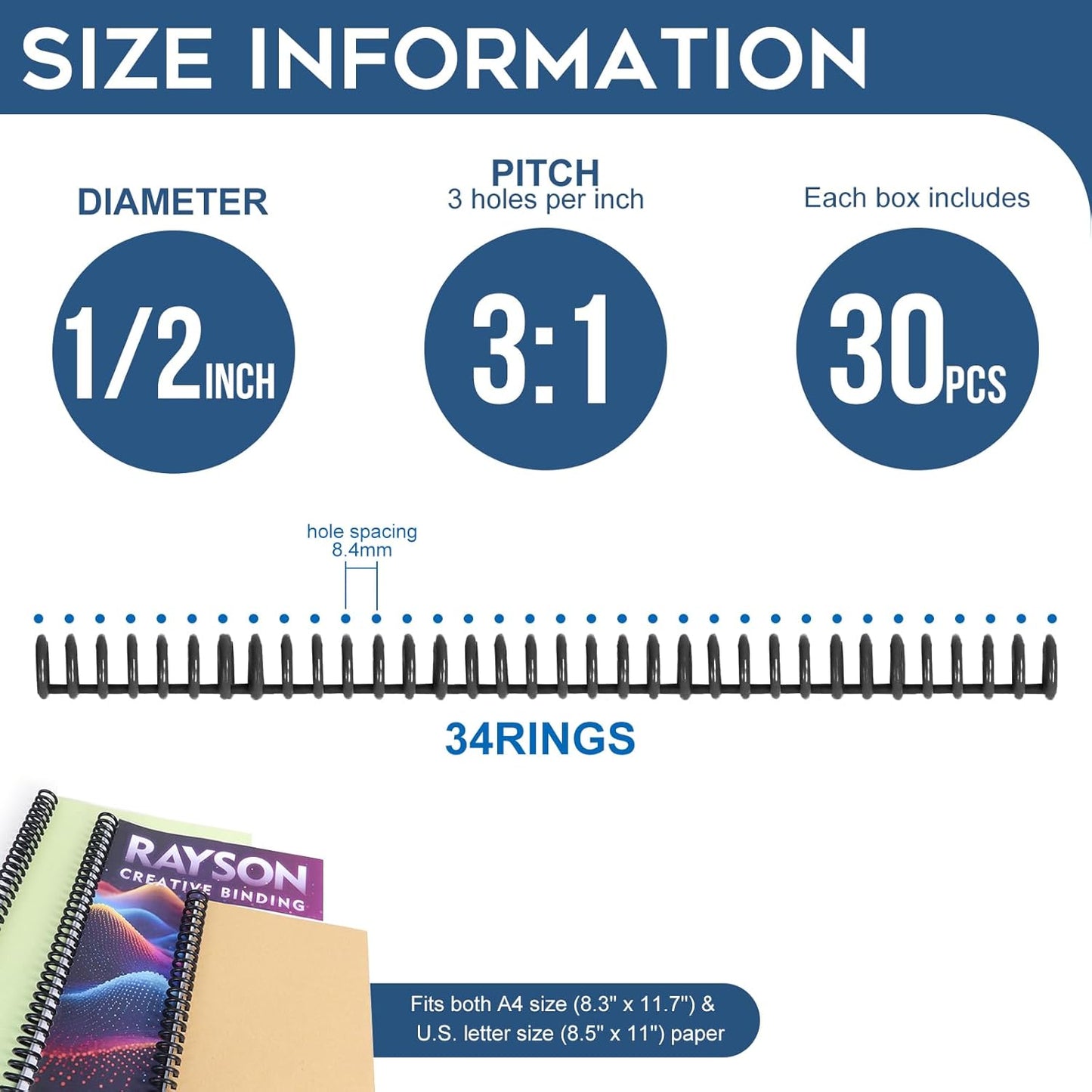 Rayson PROC1230BK Click Binding Spines, 3:1 Pitch, 1/2" Diameter, 90 Sheets Binding Capacity, Black, 30/Box