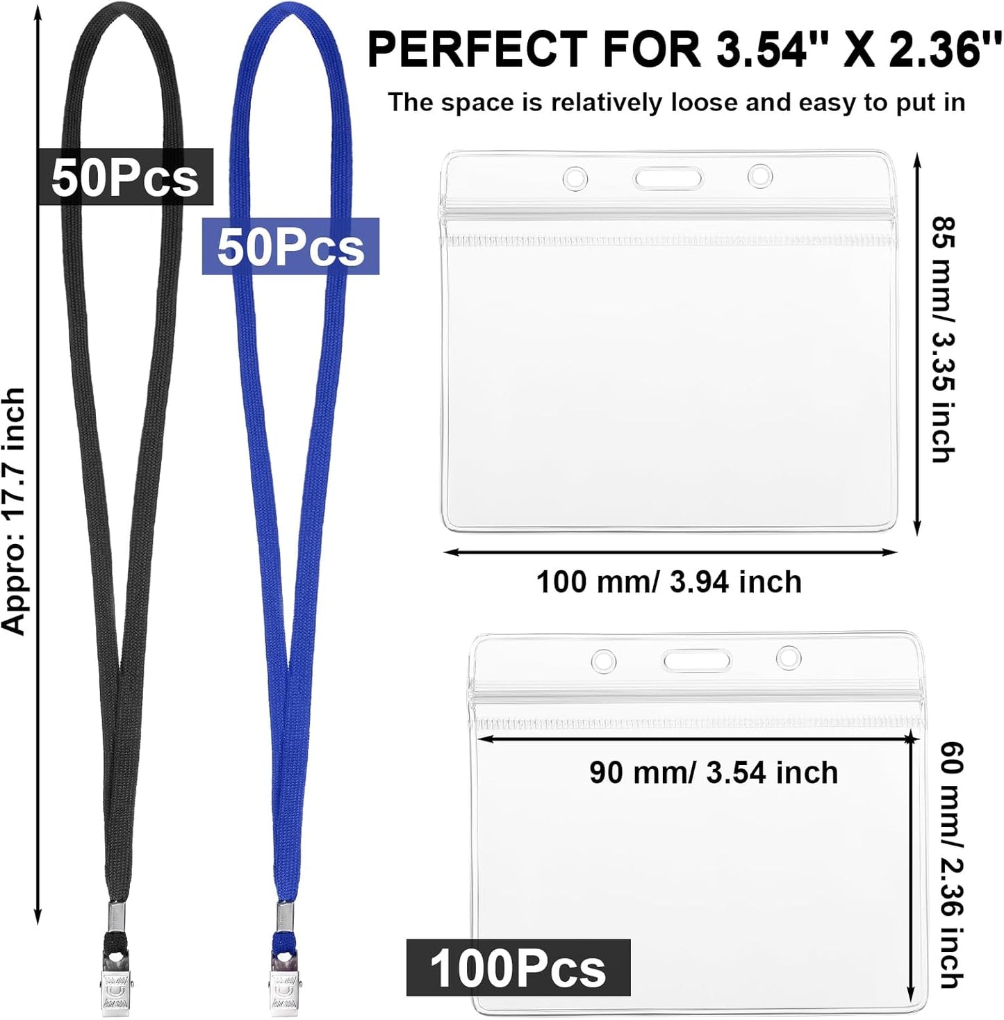 Marspark 100 Sets Clear Name Tags with Lanyard, Lanyards for ID Badges Reusable Strap with ID Holder Plastic Name Badges for Adults Business School Church Conference (Black,Blue)