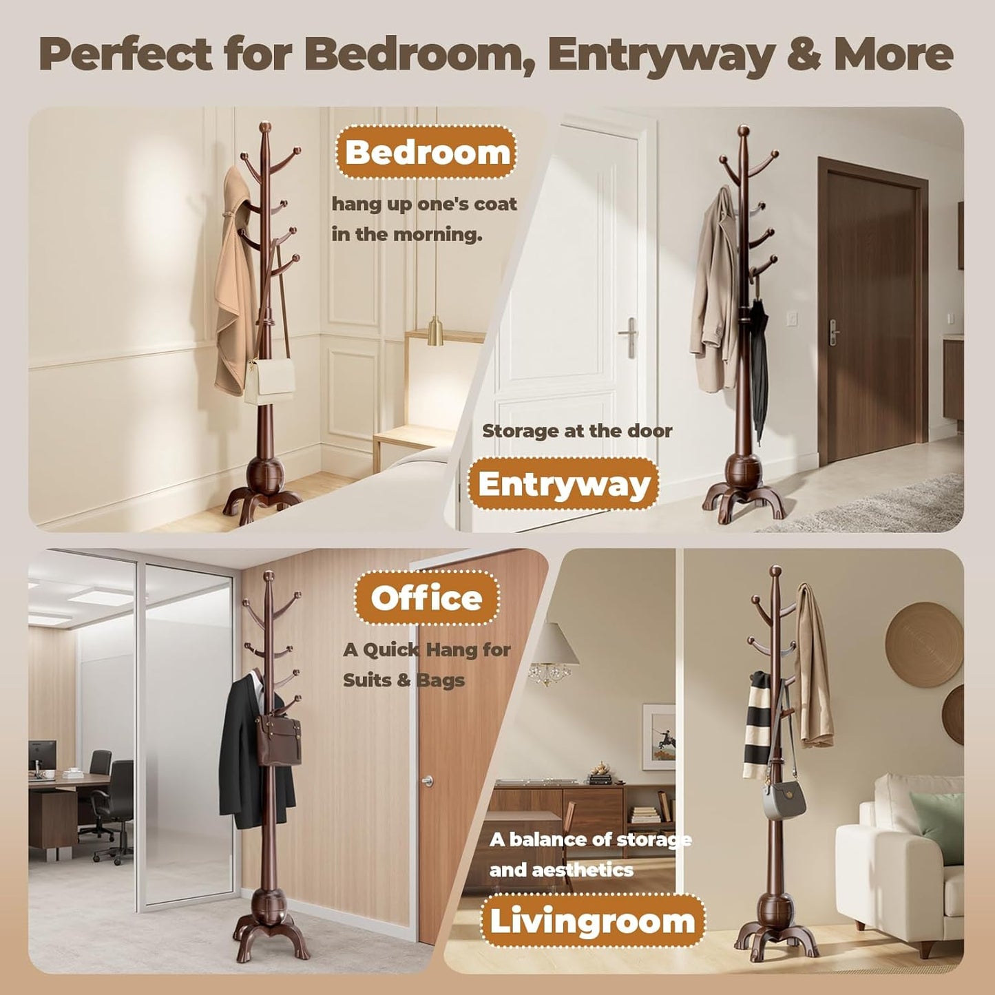Wood Coat Rack Freestanding, Solid Wooden Hall Tree with 8 Hooks, Coat Tree Freestanding Heavy Duty with Stable Base, Entryway Hallway Bedroom Office Use, 240lbs Load Capacity H:71.6in (Black-Red)