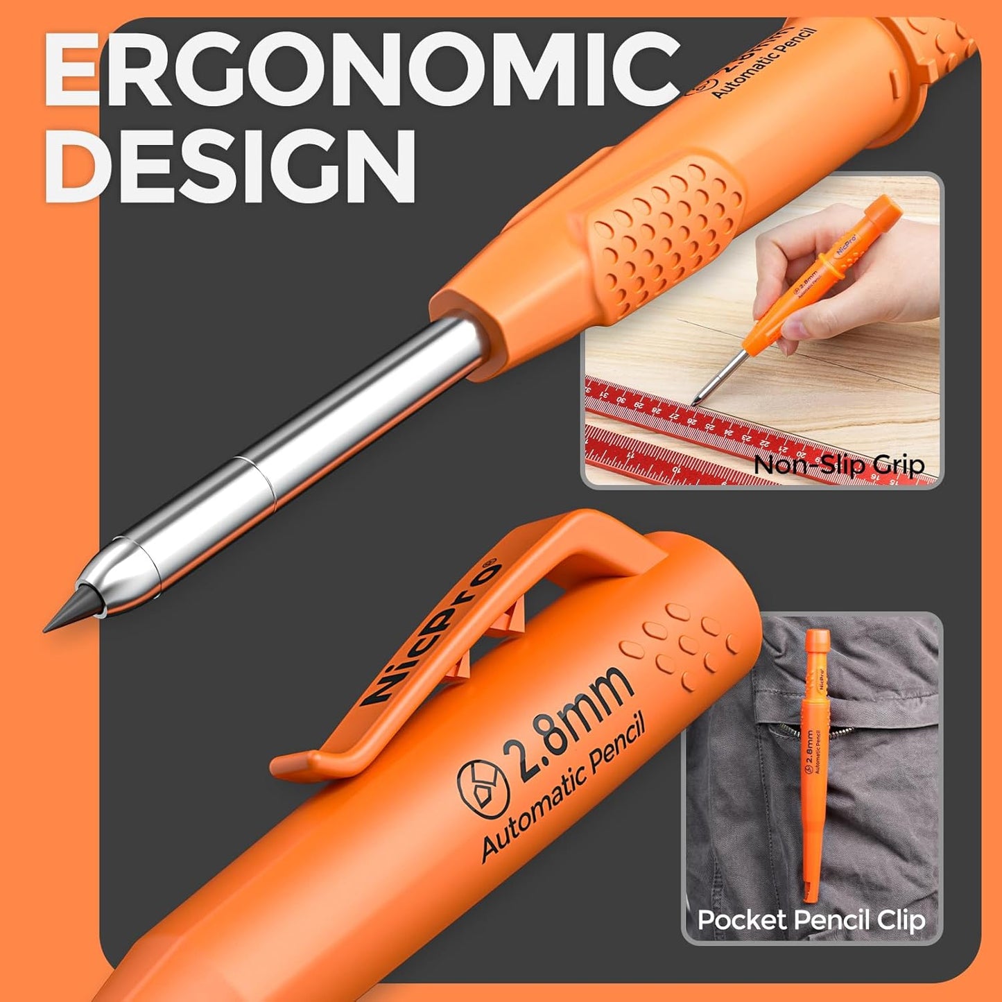 Nicpro CP3000 Carpenter Pencil with Sharpener, 2.8mm Mechanical Pencils with 19 Refill, Deep Hole Marker for Construction, Heavy Duty Woodworking Pencil, Carpenter Tools for Architect Marking (Orange)