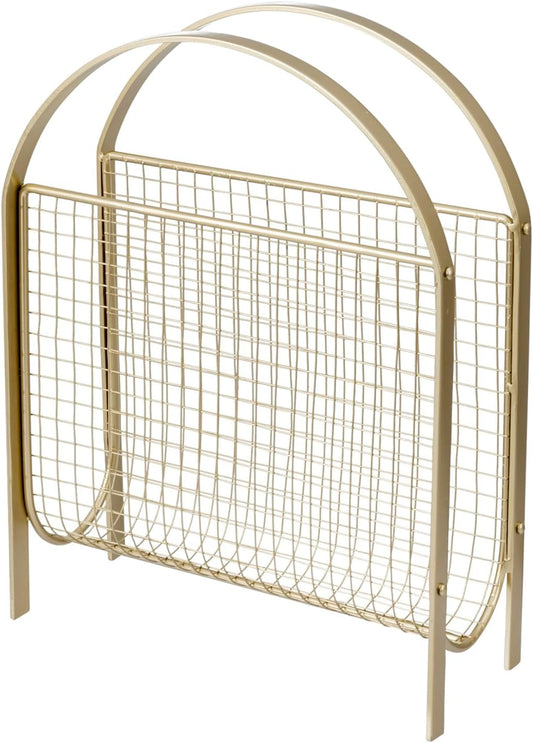 MyGift Mid-Century Design Magazine Rack, Matte Black Tone Metal Mesh Freestanding Magazine Organizer Holder Sling (Brass)