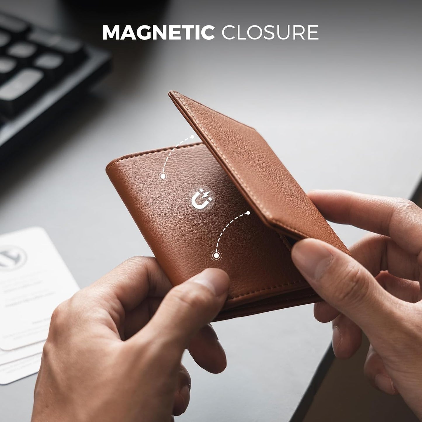 Real Leather Business Card Holder Premium RFID Blocking Card Case with ID Window and Magnetic Closure Holds Up to 40 Business Cards (Grain Brown)