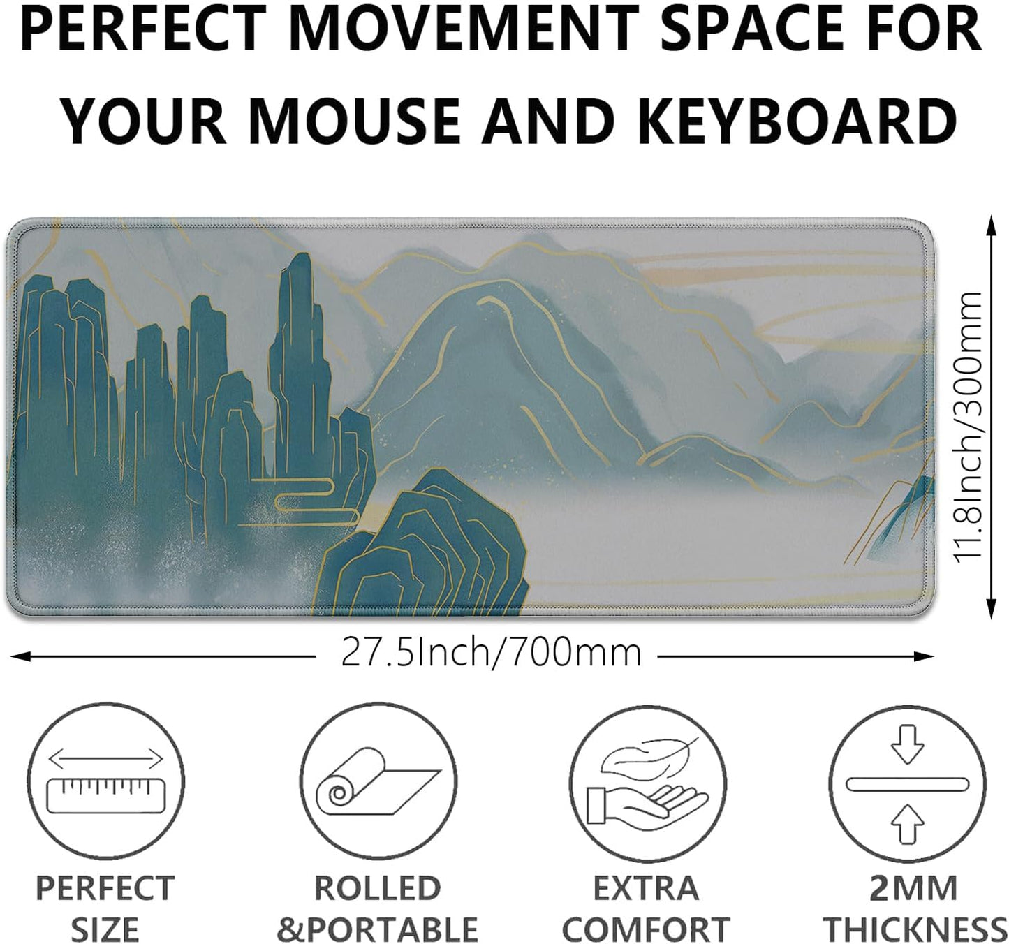 Gold Mountains Mouse Pad,Extended Mountainous Mousepad Desk Pad with Stitched Edges,Non-Slip Waterproof Rubber Base Mouse Mat for Office Computer Keyboard Laptop Home(27.5x11.8 in)