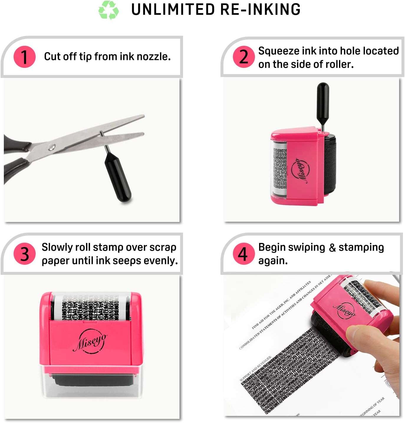 Miseyo Wide Identity Theft Protection Roller Stamp Set - Peach (3 Refill Ink Included)