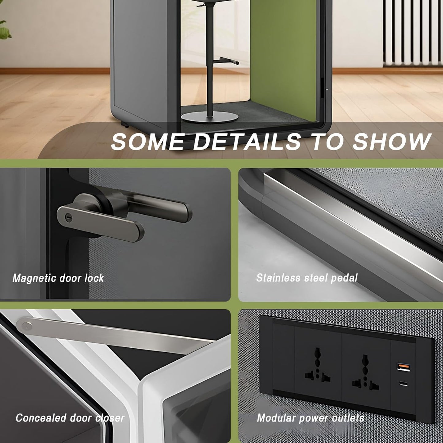 Office Sound Booth with Audio Privacy - Portable Soundproof Pod with Gray & Green Design,Phone Pod with Light,Ventilation,Socket for Phone,Singing,Work