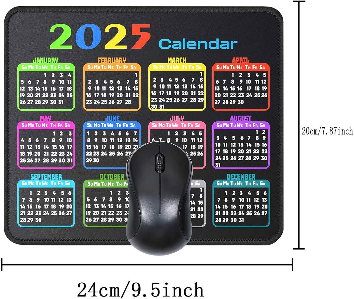 Calendar Mouse Pad 9.5 X 7.8 in, Mouse Pads with Stitched Edges and Non-Slip Rubber Base, Home Office Desk Decor Accessories for Computer Laptop Work Gaming (Black 2025)