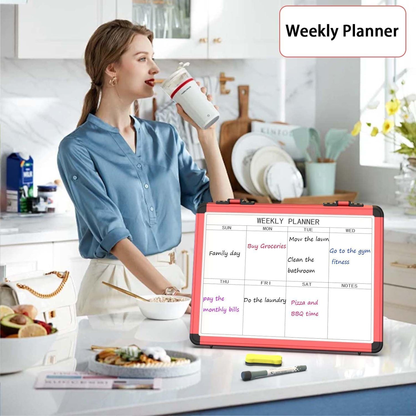 4 Sided Foldable Whiteboards Calendar, 17"x13" Desktop Whiteboard, Integrating with Monthly and Weekly Planner, Multi-Functional Whiteboard Suitable for Home, School and Office.