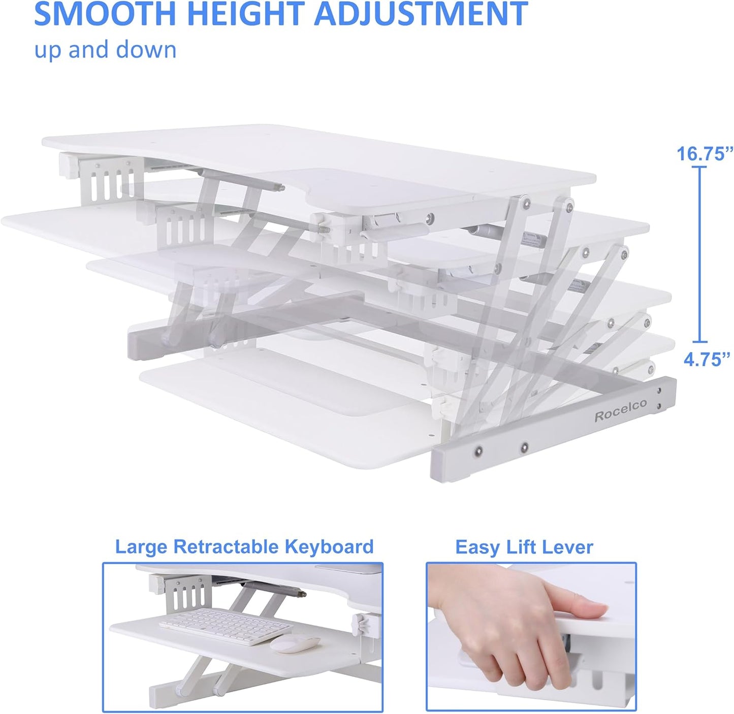 Rocelco 32" Height Adjustable Standing Desk Converter - Quick Sit Stand Up Dual Monitor Riser - Gas Spring Assist Tabletop Computer Workstation - Large Retractable Keyboard Tray - White (R ADRW)