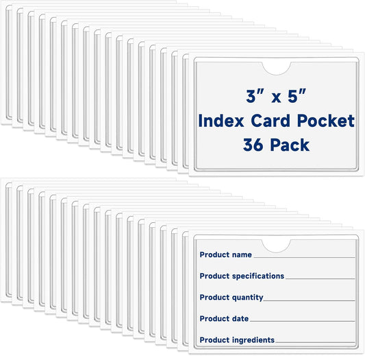 36Pcs Adhesive 3" x 5" Index Card Pockets, Clear Label Holders with Top Open for Loading, Plastic Pocket Sleeves for Organizing Storage Bins, Library Cards, Shelves