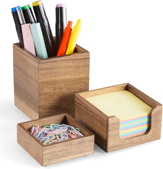 Desk Organizer Set of 3 - Acacia Wood Office Desk Accessories - Desk Organizers and Accessories for Women Men - Set incl. Pencil Pen Holder, Paperclip Storage and Sticky Note Holder