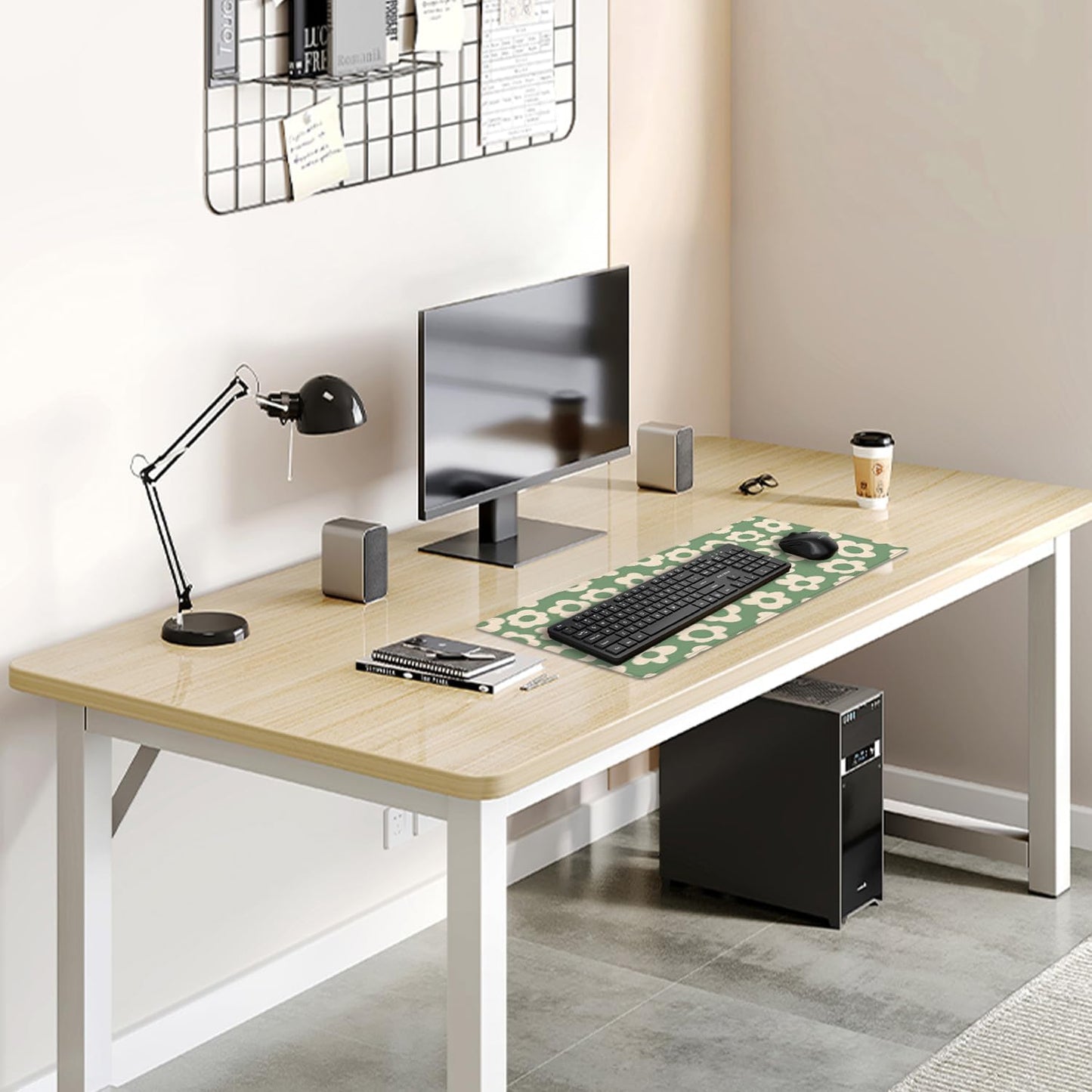 Green Daisy Flowers Desk Pad Mouse Pad,Large Daisies Floral Mouse Mat with Stitched Edges,Non-Slip Rubber Base Mousepad for Office PC Keyboard Laptop and Home Work Desk Mat(27.5X11.8 in)